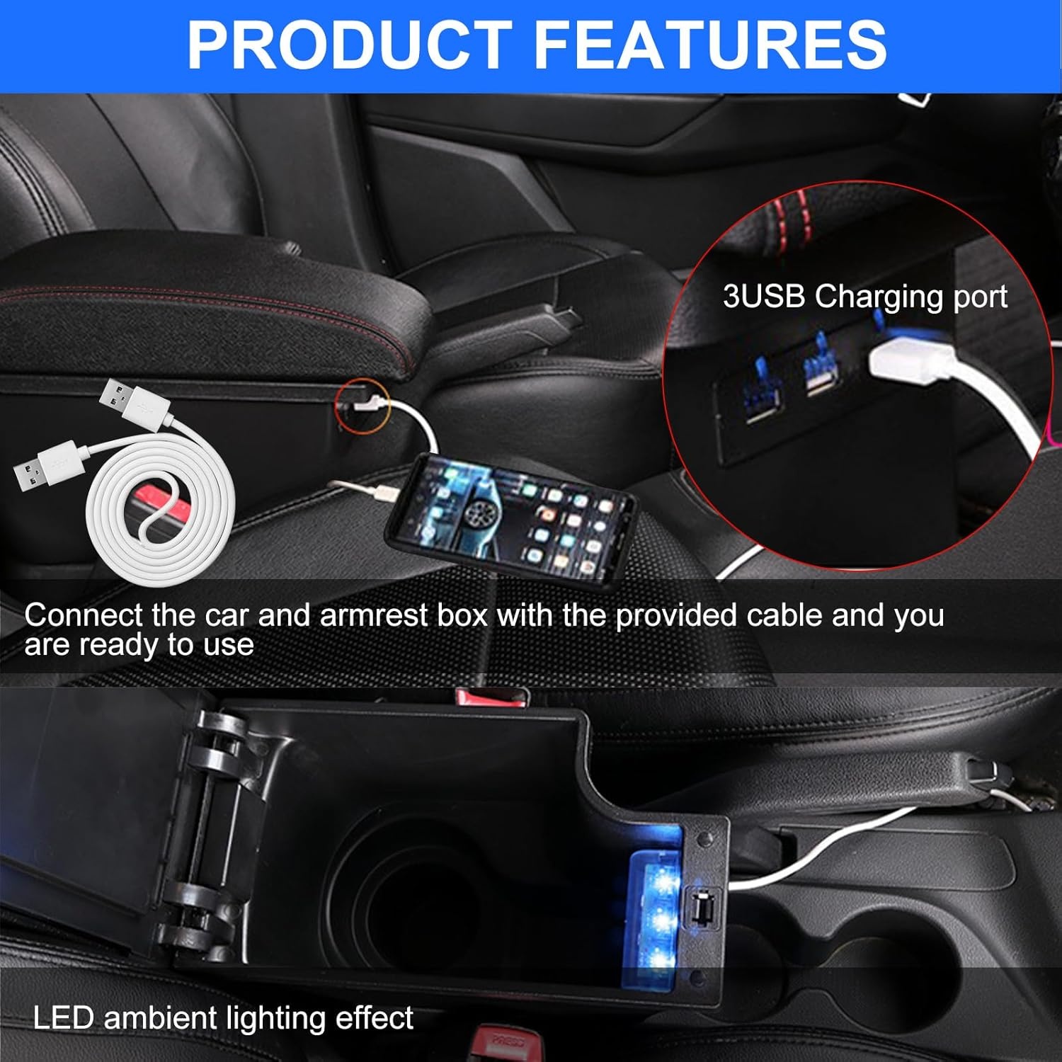 Armleuningbox, compatibel met Nissan Juke/Infiniti ESQ 2011-2019, middenarmsteun, dubbellaags, auto-opbergdoos met 3 USB, zwart leer met rode lijnen