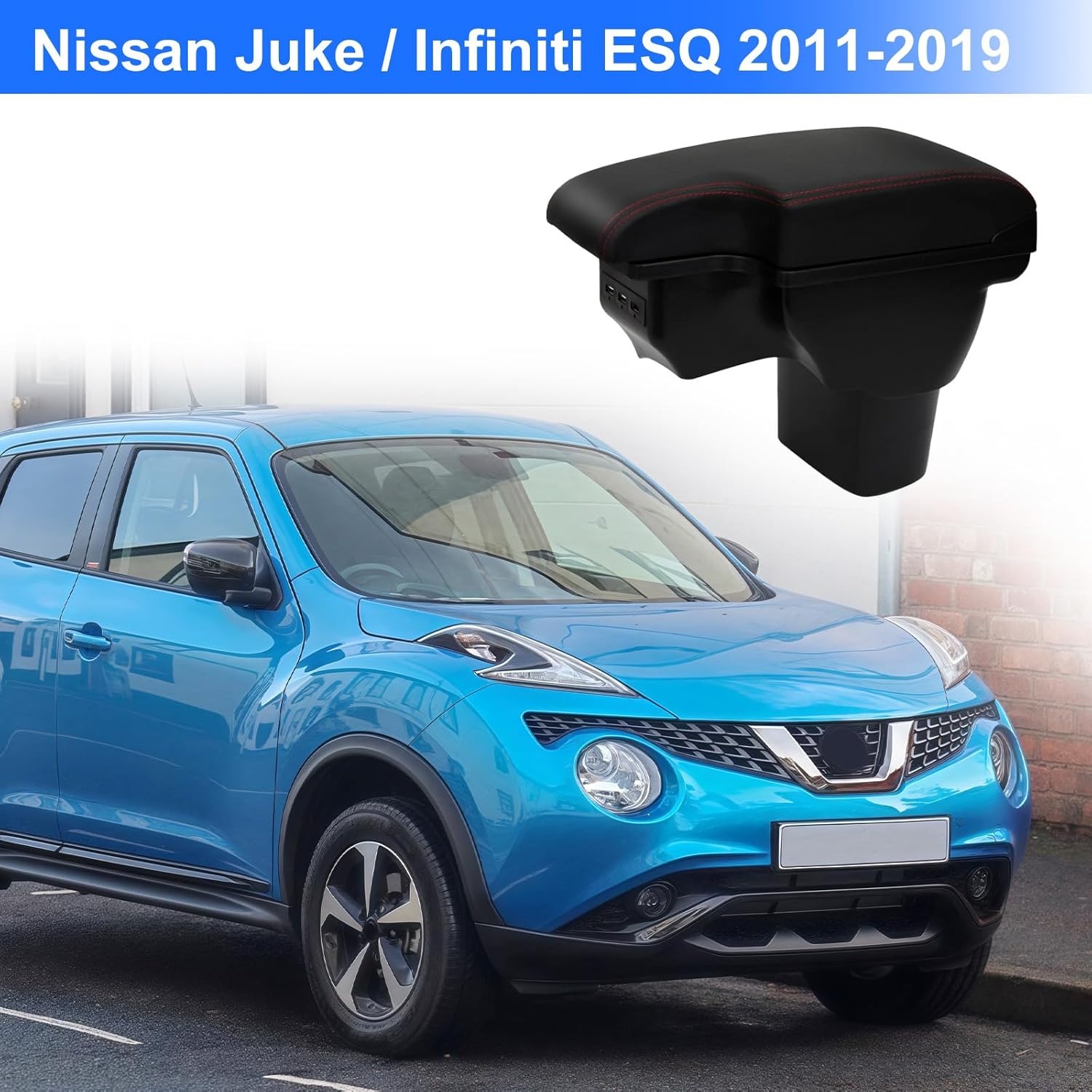 Armleuningbox, compatibel met Nissan Juke/Infiniti ESQ 2011-2019, middenarmsteun, dubbellaags, auto-opbergdoos met 3 USB, zwart leer met rode lijnen