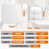 Badkamerventilator 100 mm met Timer en Keerklep – Stille 95m³/u, 12W, 34dB voor Badkamers, Toiletten en Keukens