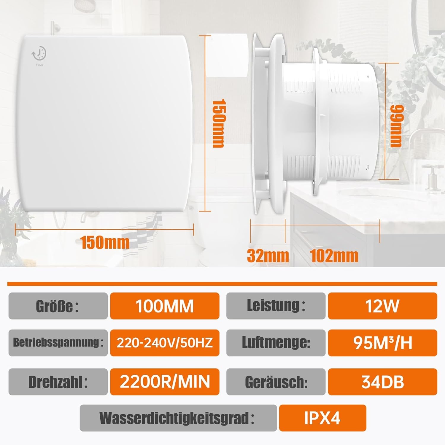 Badkamerventilator 100 mm met Timer en Keerklep – Stille 95m³/u, 12W, 34dB voor Badkamers, Toiletten en Keukens