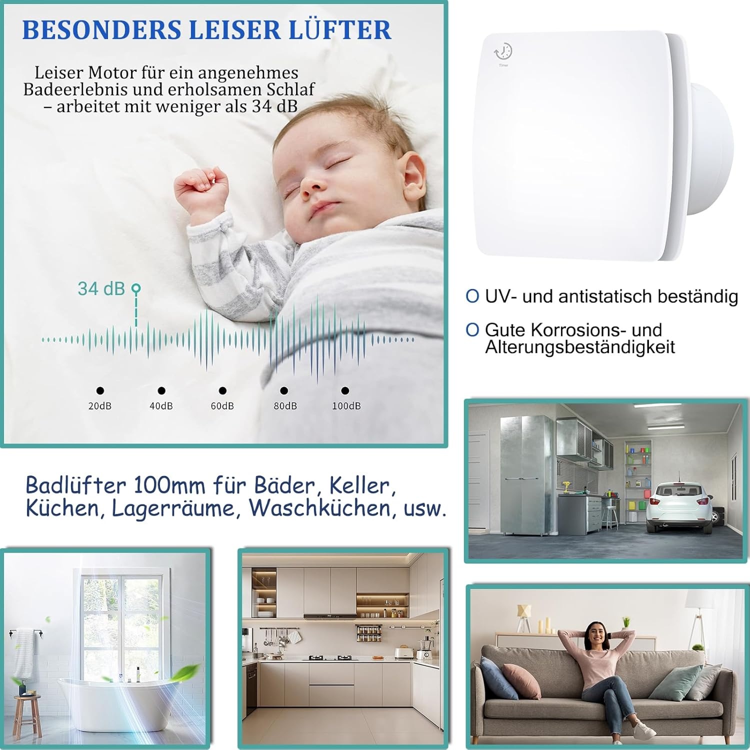 Badkamerventilator 100 mm met Timer en Keerklep – Stille 95m³/u, 12W, 34dB voor Badkamers, Toiletten en Keukens