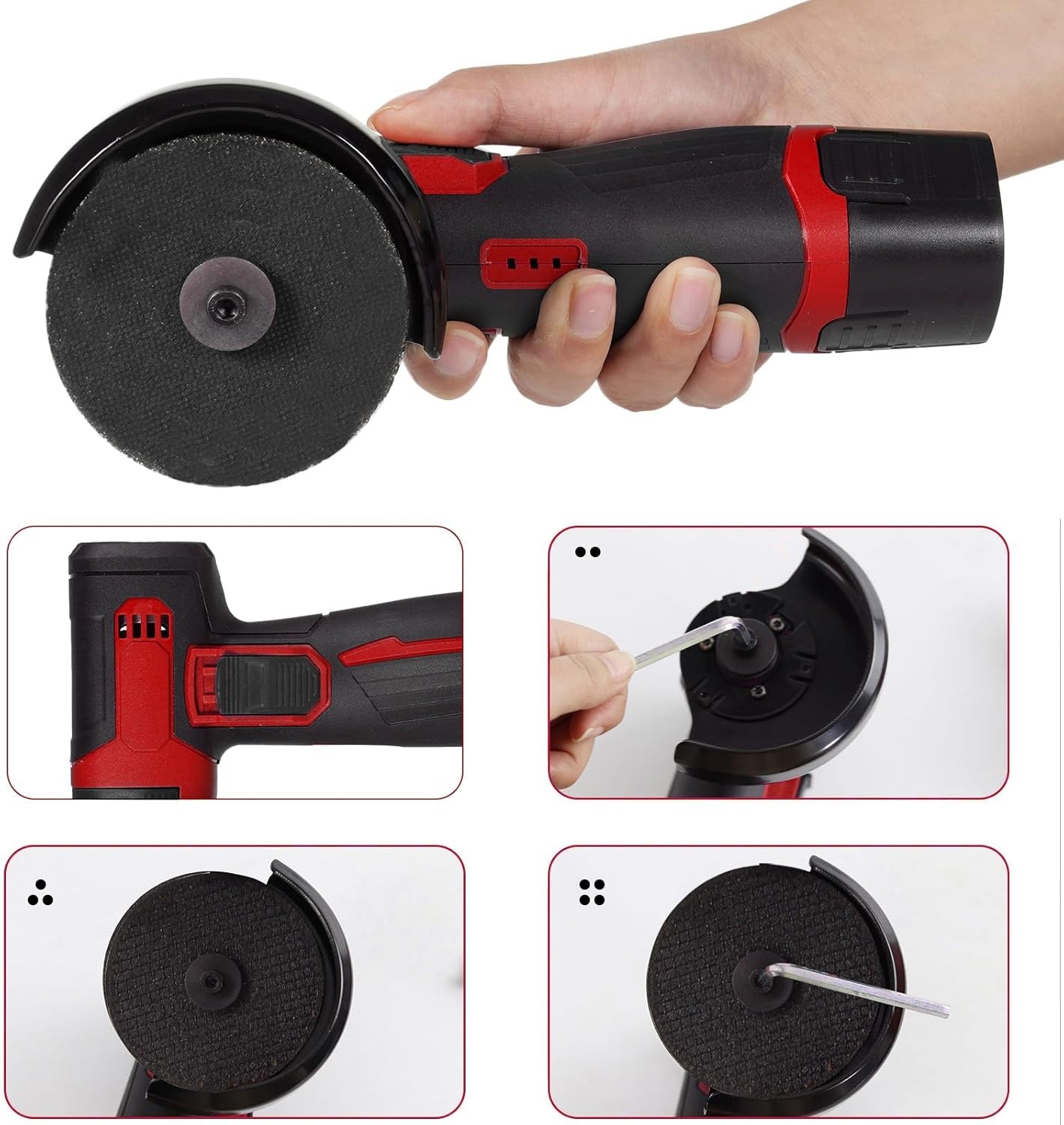 Mini-haakse slijper, 12 V, diameter van het slijpblad 3 inch/76 mm, 19500 omw/min, draadloze haakse slijper 2 batterijen 1300 mAh en oplader, 6 snijschijven, voor slijpen en snijden (rood)