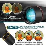 Spektive 25-75X 100MM voor sportschutters, jacht, vogelobservatie, IPX7 waterdicht, FMC BAK4 Prisma met statief, mobiele telefoonadapter, zwart