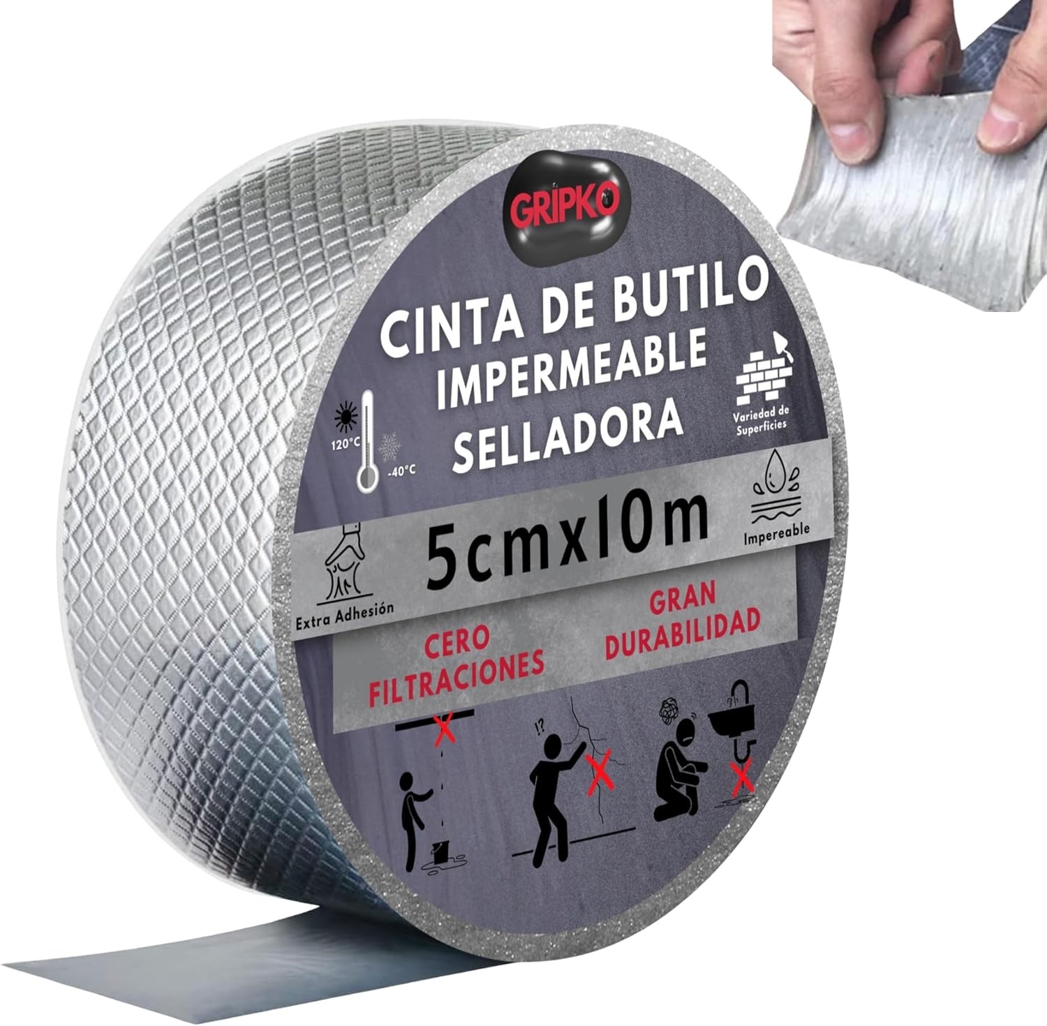 Butyltape, waterdicht, 10 m x 5 cm, aluminium tape voor het repareren van buizen, scheuren, druppels, afdichtingstape voor verschillende oppervlakken, lange houdbaarheid