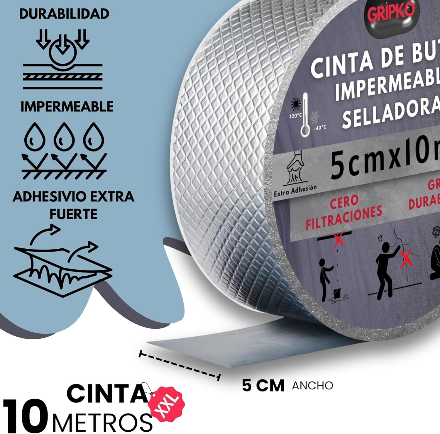 Butyltape, waterdicht, 10 m x 5 cm, aluminium tape voor het repareren van buizen, scheuren, druppels, afdichtingstape voor verschillende oppervlakken, lange houdbaarheid