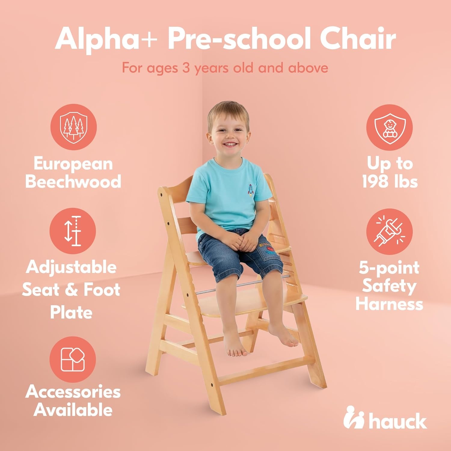 Kinderstoel meegroeistoel houten verstelbaar, met 5-punts harnas, vanaf 6 maanden tot 90 kg, geschikt voor Alpha wipstoeltje vanaf geboorte, natuur