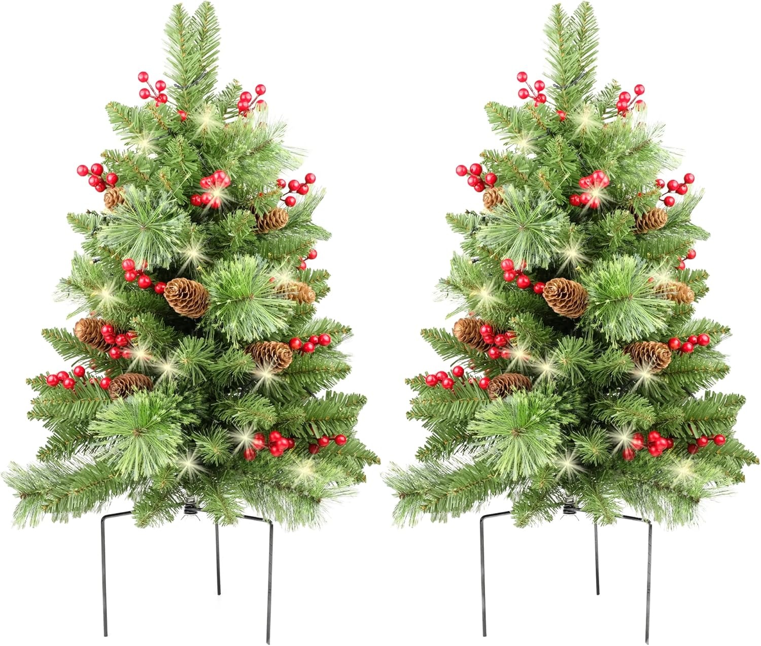 HomeKaren Kerstboom 24 inch Prelit 2 Set Pathway Veranda Kerstbomen Pre-Light LED Batterij Werkt Outdoor Xmas Decor voor Entree Oprit, Tuin, Rode Bessen, Dennenappels