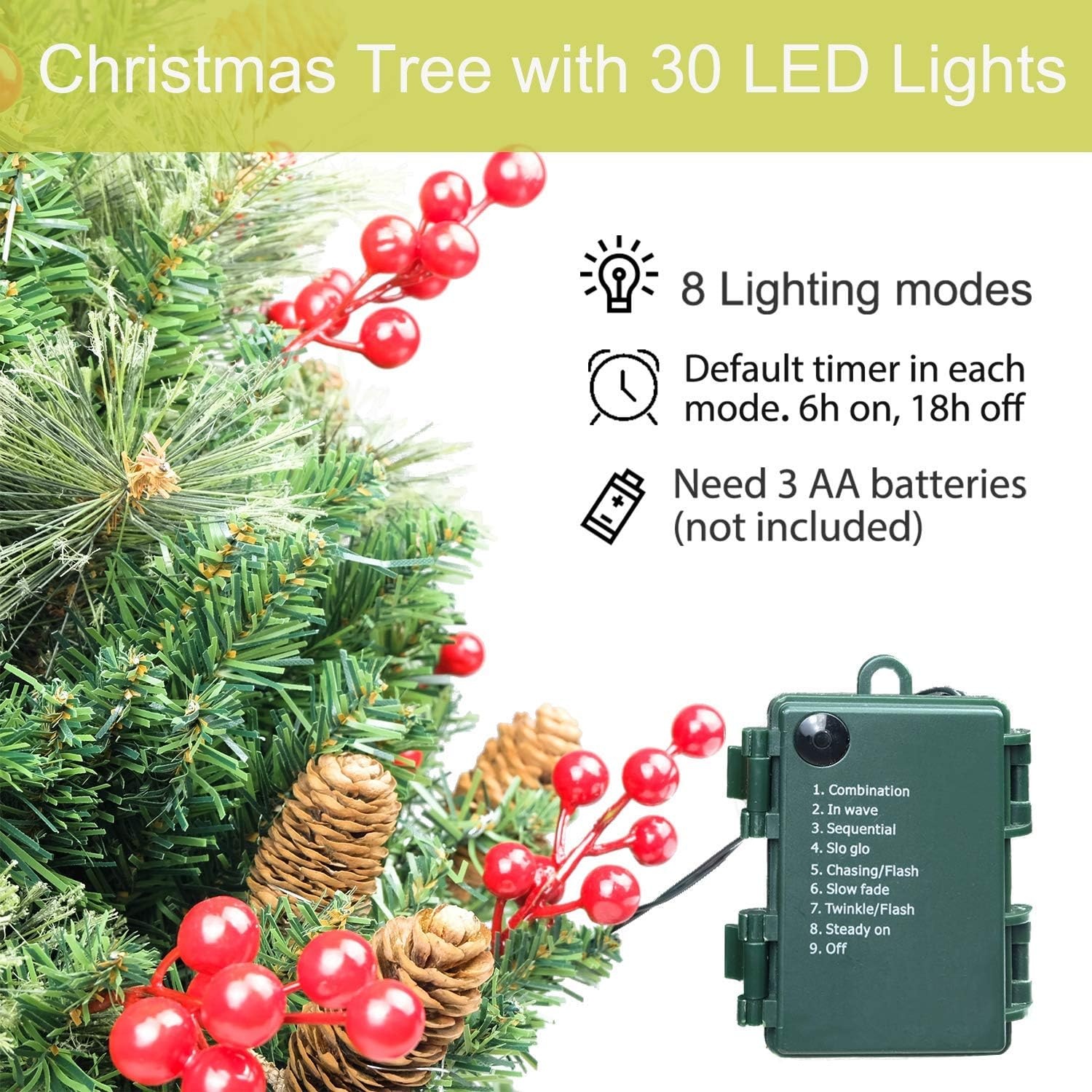 HomeKaren Kerstboom 24 inch Prelit 2 Set Pathway Veranda Kerstbomen Pre-Light LED Batterij Werkt Outdoor Xmas Decor voor Entree Oprit, Tuin, Rode Bessen, Dennenappels