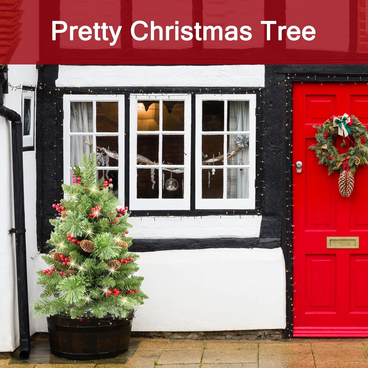 HomeKaren Kerstboom 24 inch Prelit 2 Set Pathway Veranda Kerstbomen Pre-Light LED Batterij Werkt Outdoor Xmas Decor voor Entree Oprit, Tuin, Rode Bessen, Dennenappels