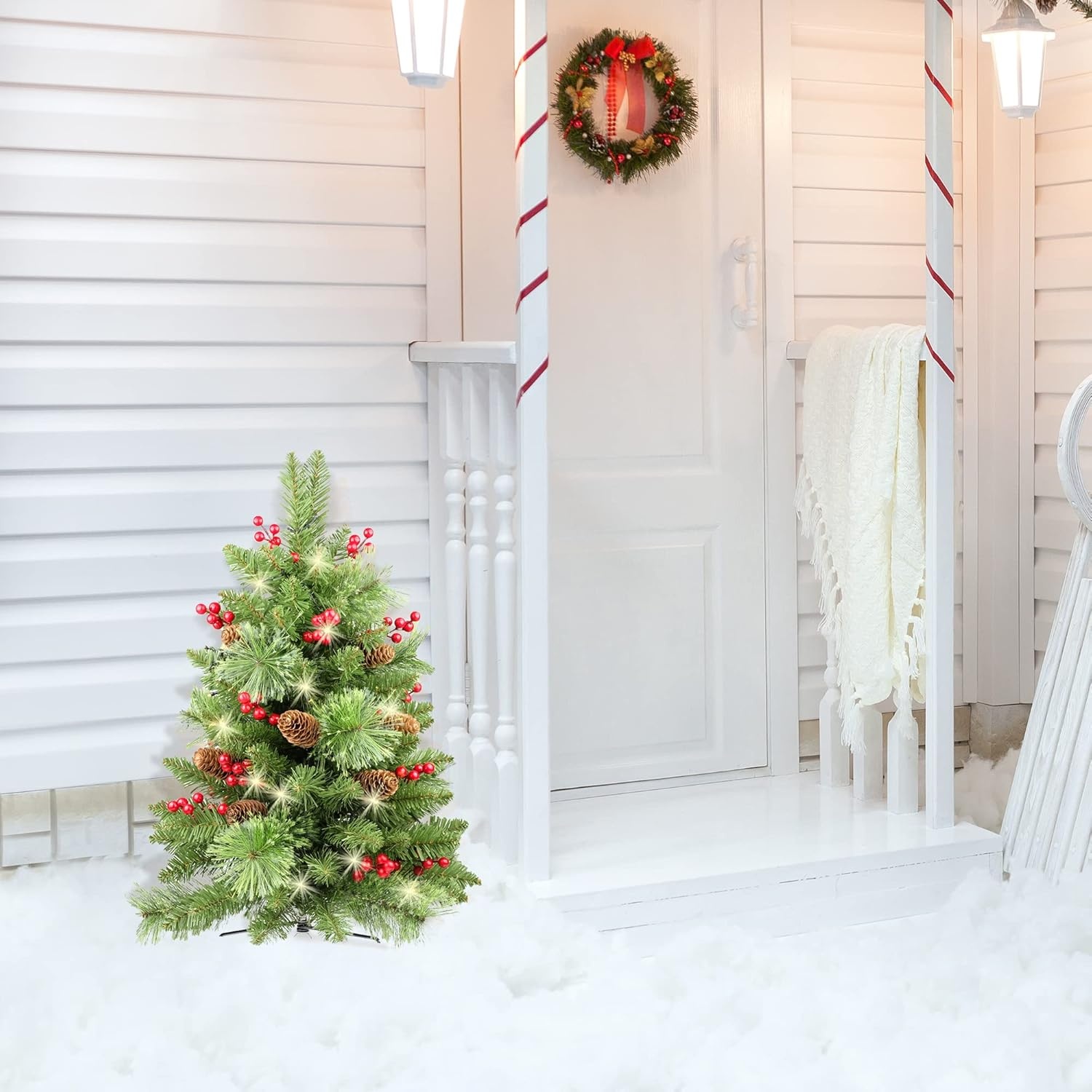 HomeKaren Kerstboom 24 inch Prelit 2 Set Pathway Veranda Kerstbomen Pre-Light LED Batterij Werkt Outdoor Xmas Decor voor Entree Oprit, Tuin, Rode Bessen, Dennenappels