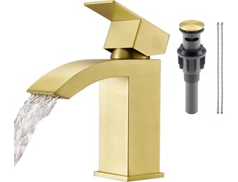 Watervalkraan badkamer, waterval wastafelarmatuur met afvoergarnituur push-open, hogedruk eenhandsmengkraan wastafel armaturen badkamer mengkraan, roestvrij staal geborsteld goud
