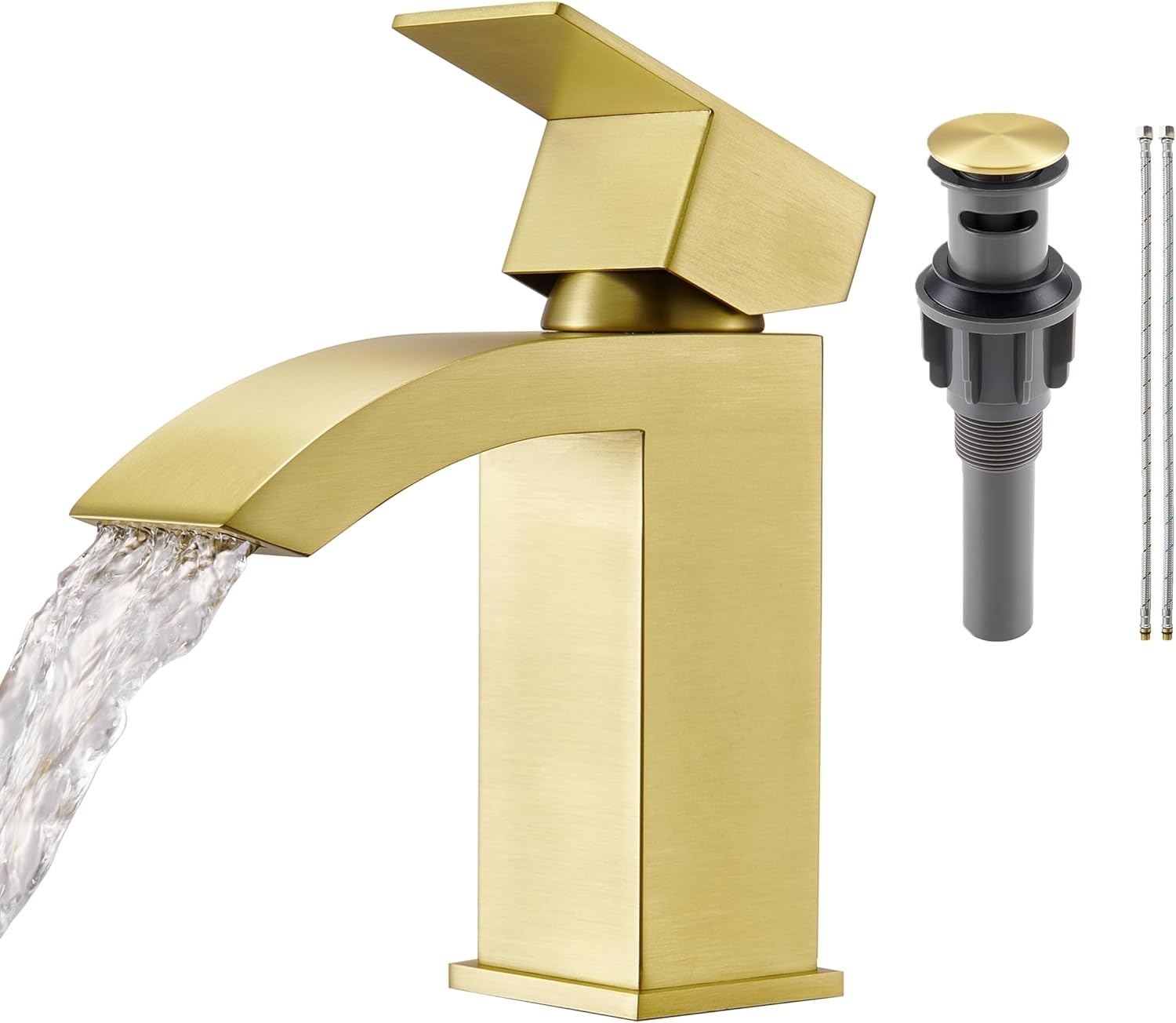 Watervalkraan badkamer, waterval wastafelarmatuur met afvoergarnituur push-open, hogedruk eenhandsmengkraan wastafel armaturen badkamer mengkraan, roestvrij staal geborsteld goud