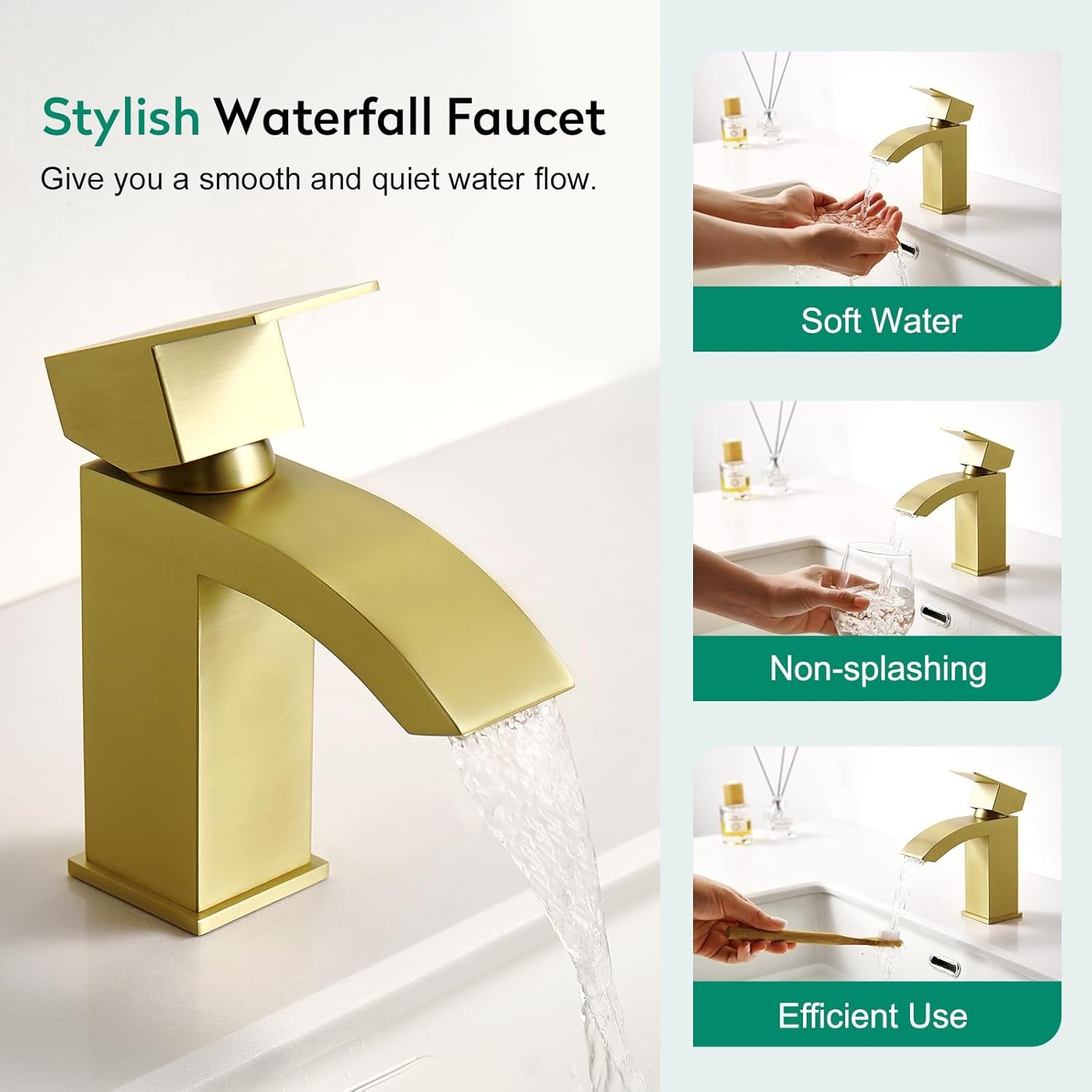 Watervalkraan badkamer, waterval wastafelarmatuur met afvoergarnituur push-open, hogedruk eenhandsmengkraan wastafel armaturen badkamer mengkraan, roestvrij staal geborsteld goud