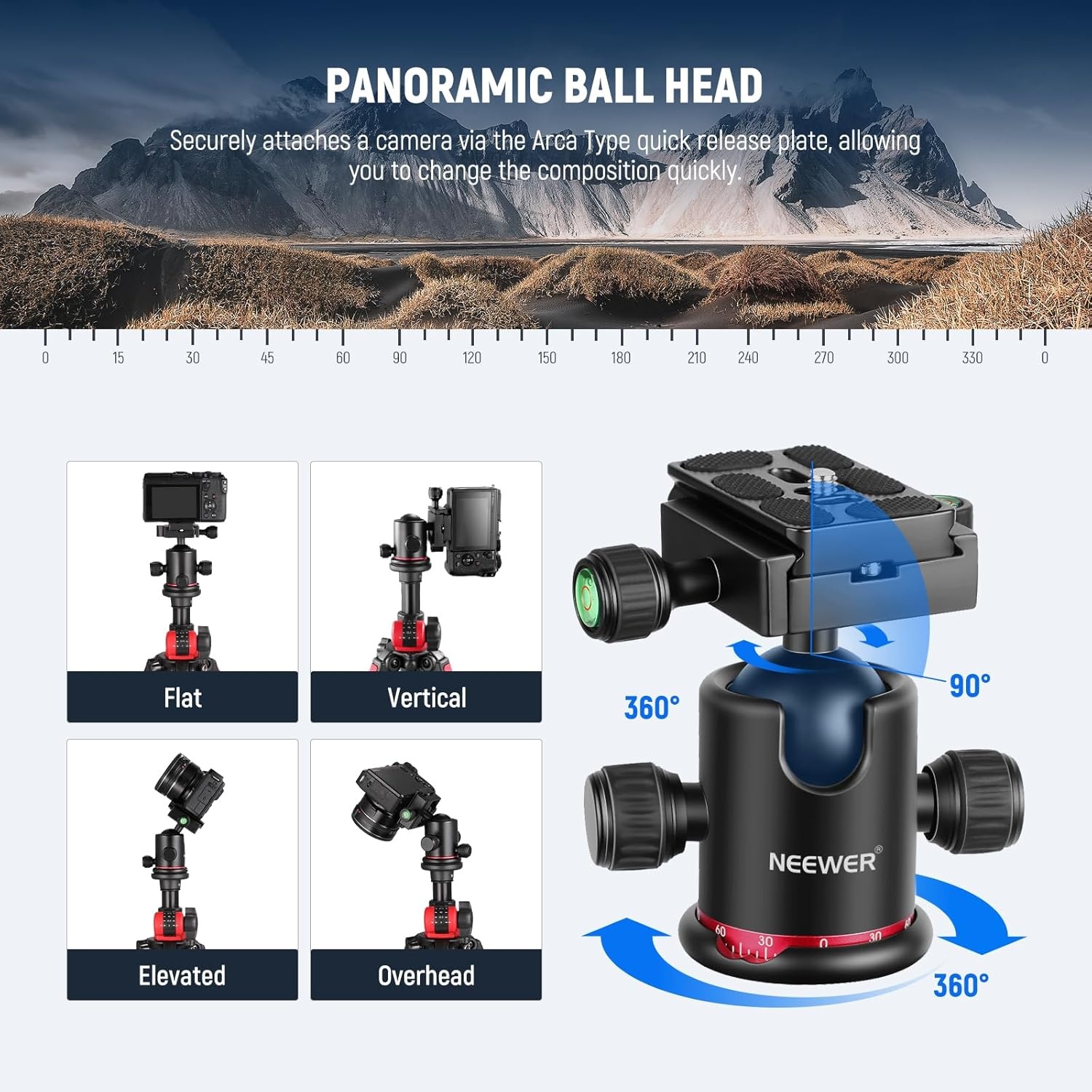 NEEWER 200 cm statief voor camera, monopod met middenkolom en kogelgewricht van aluminium, QR-plaat, boogtype, tas, camerahouder voor statief, horizontale belasting, maximale belasting 15 kg - Maat 200cm