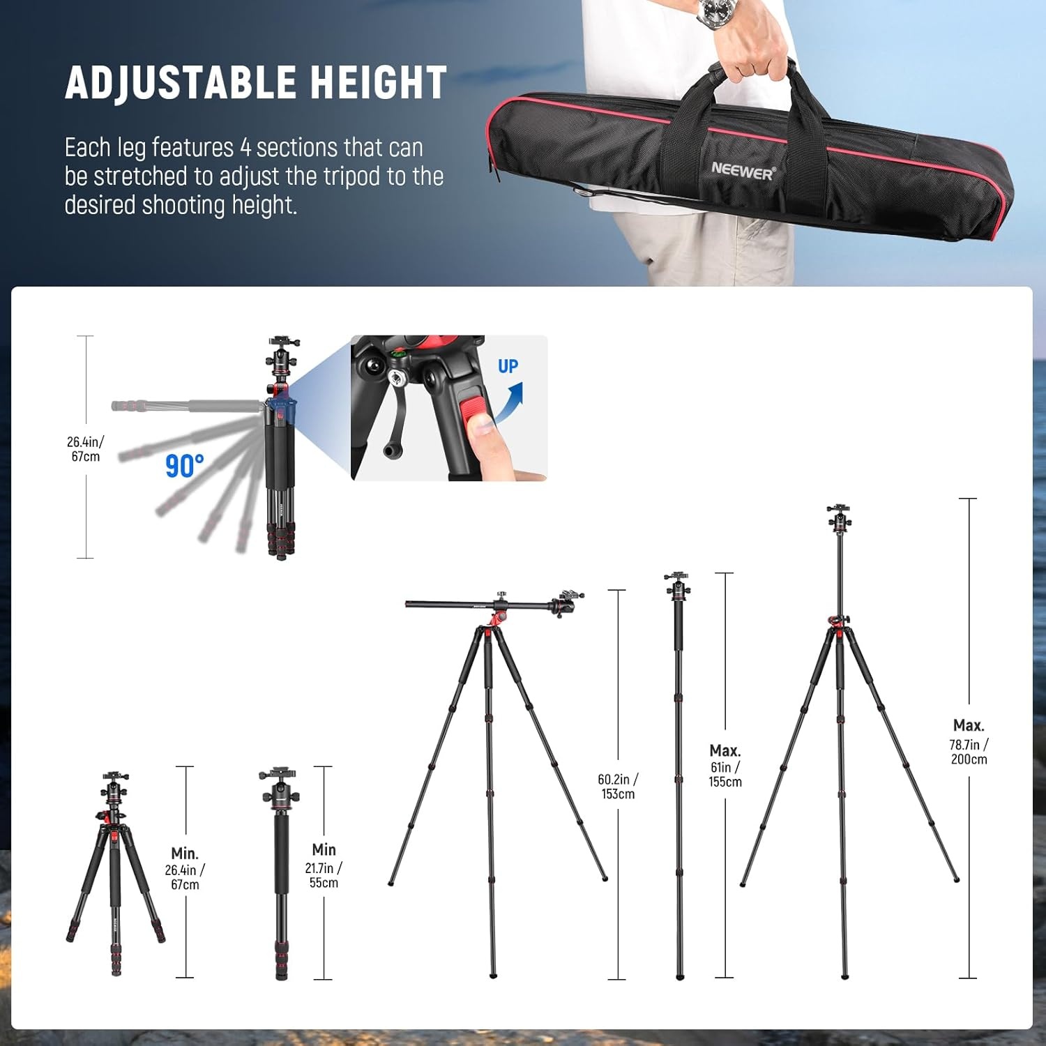 NEEWER 200 cm statief voor camera, monopod met middenkolom en kogelgewricht van aluminium, QR-plaat, boogtype, tas, camerahouder voor statief, horizontale belasting, maximale belasting 15 kg - Maat 200cm
