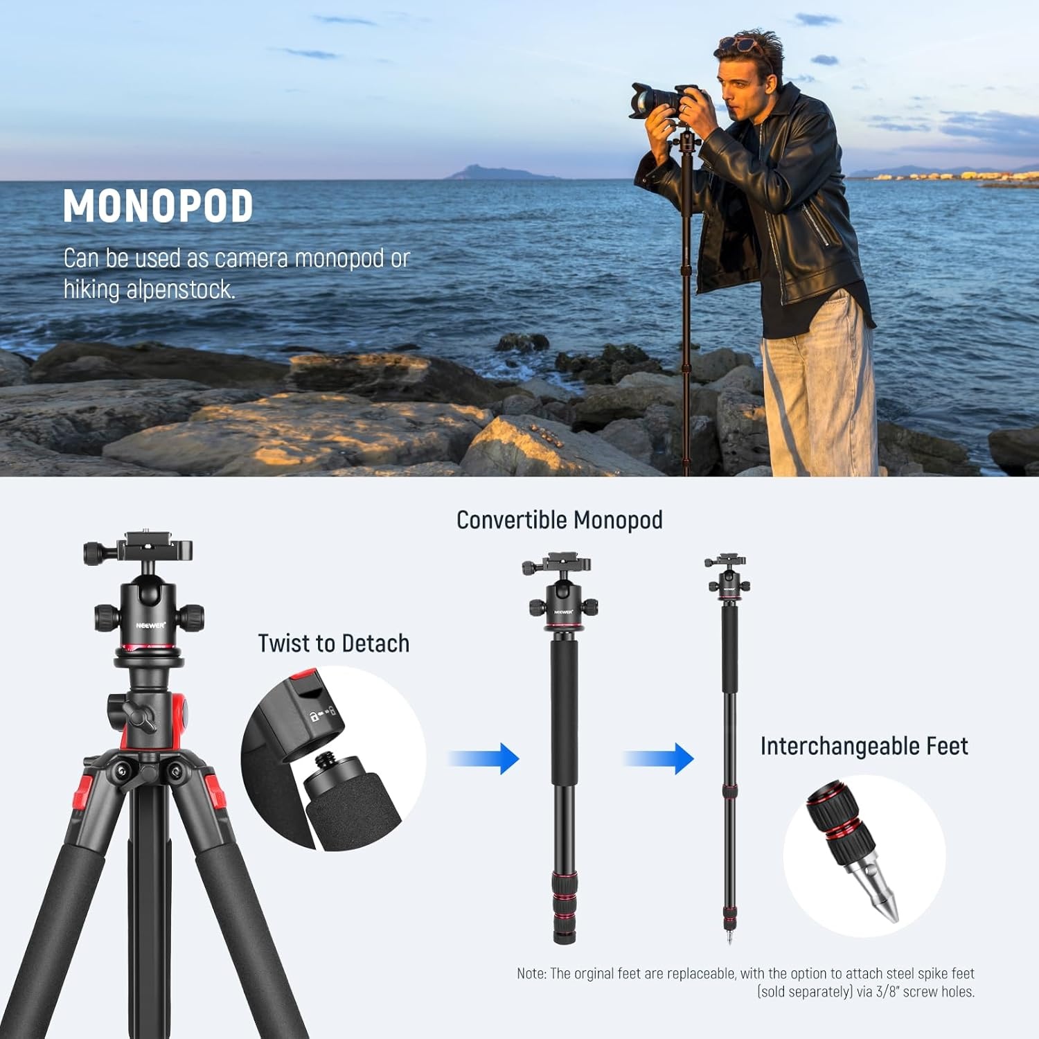 NEEWER 200 cm statief voor camera, monopod met middenkolom en kogelgewricht van aluminium, QR-plaat, boogtype, tas, camerahouder voor statief, horizontale belasting, maximale belasting 15 kg - Maat 200cm