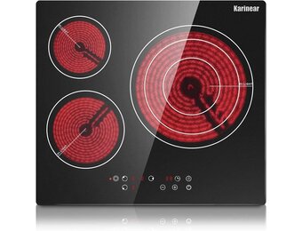 Karinear Keramische kookplaat 3 kookplaten 60 cm, Inbouw, 9-snelheden warmte, Tiptoetsbediening, Timer, Kinderslot, Oververhittingsbeveiliging, Geen stekker, Zwart