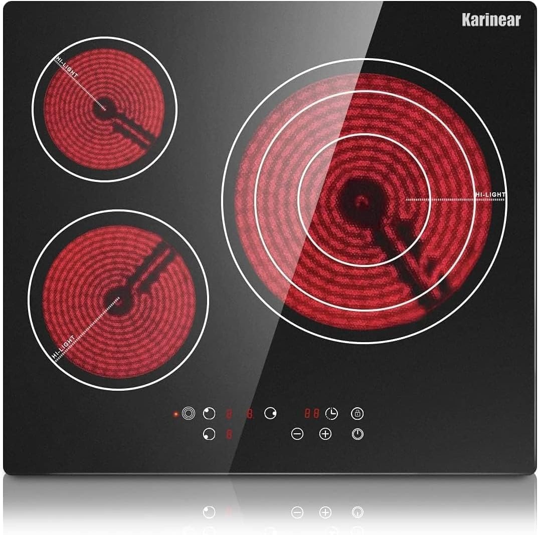 Karinear Keramische kookplaat 3 kookplaten 60 cm, Inbouw, 9-snelheden warmte, Tiptoetsbediening, Timer, Kinderslot, Oververhittingsbeveiliging, Geen stekker, Zwart