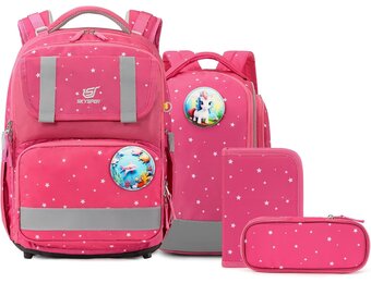 SKYSPER Schooltassenset 5-delig, schoolrugzak Ergonomisch draagsysteem 16L schooltas met 360° reflecterende strepen voor meisjes, jongens, kinderen klas 1 voor reizen, sport
