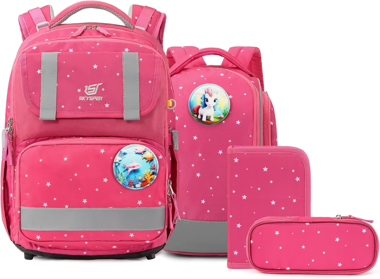 SKYSPER Schooltassenset 5-delig, schoolrugzak Ergonomisch draagsysteem 16L schooltas met 360° reflecterende strepen voor meisjes, jongens, kinderen klas 1 voor reizen, sport