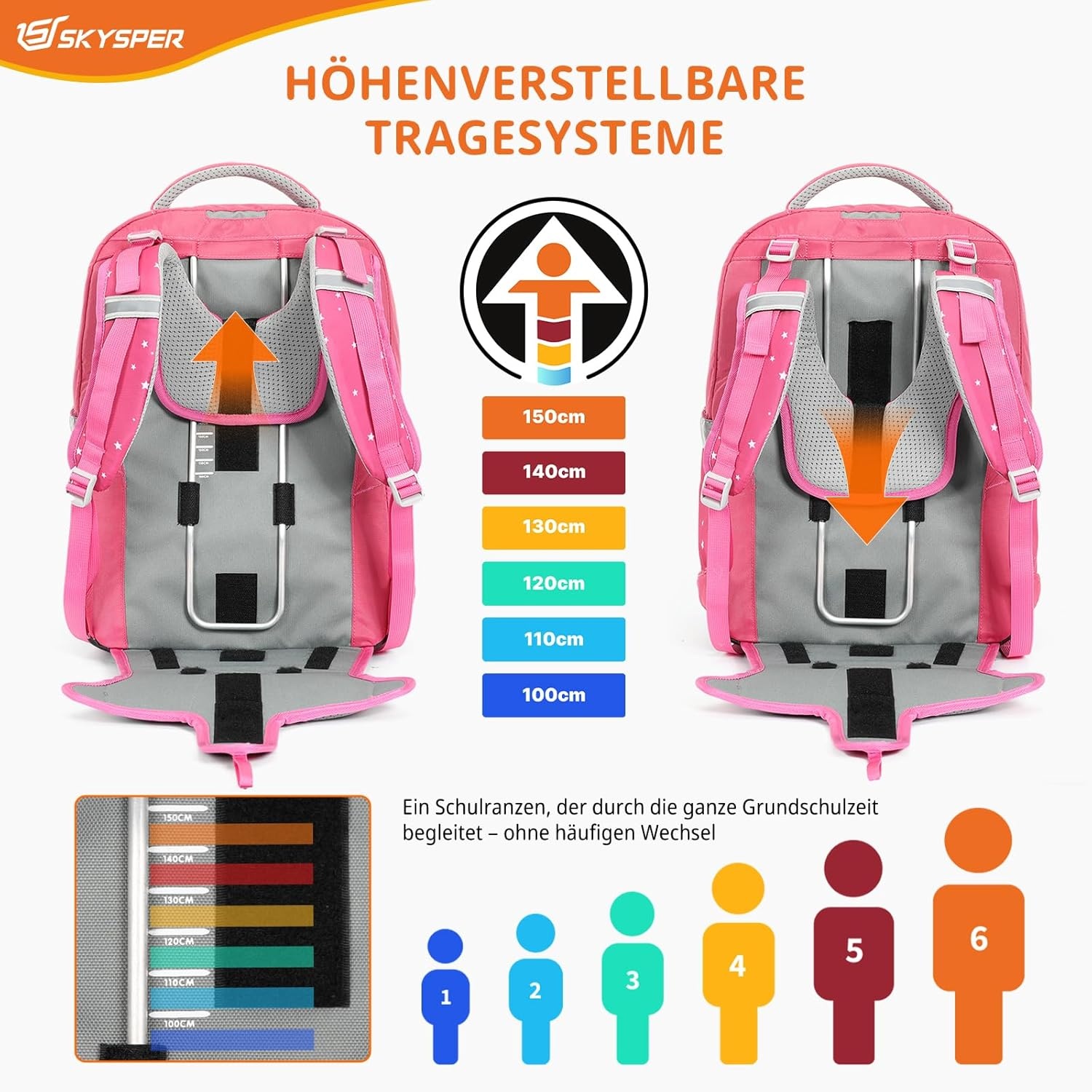 SKYSPER Schooltassenset 5-delig, schoolrugzak Ergonomisch draagsysteem 16L schooltas met 360° reflecterende strepen voor meisjes, jongens, kinderen klas 1 voor reizen, sport