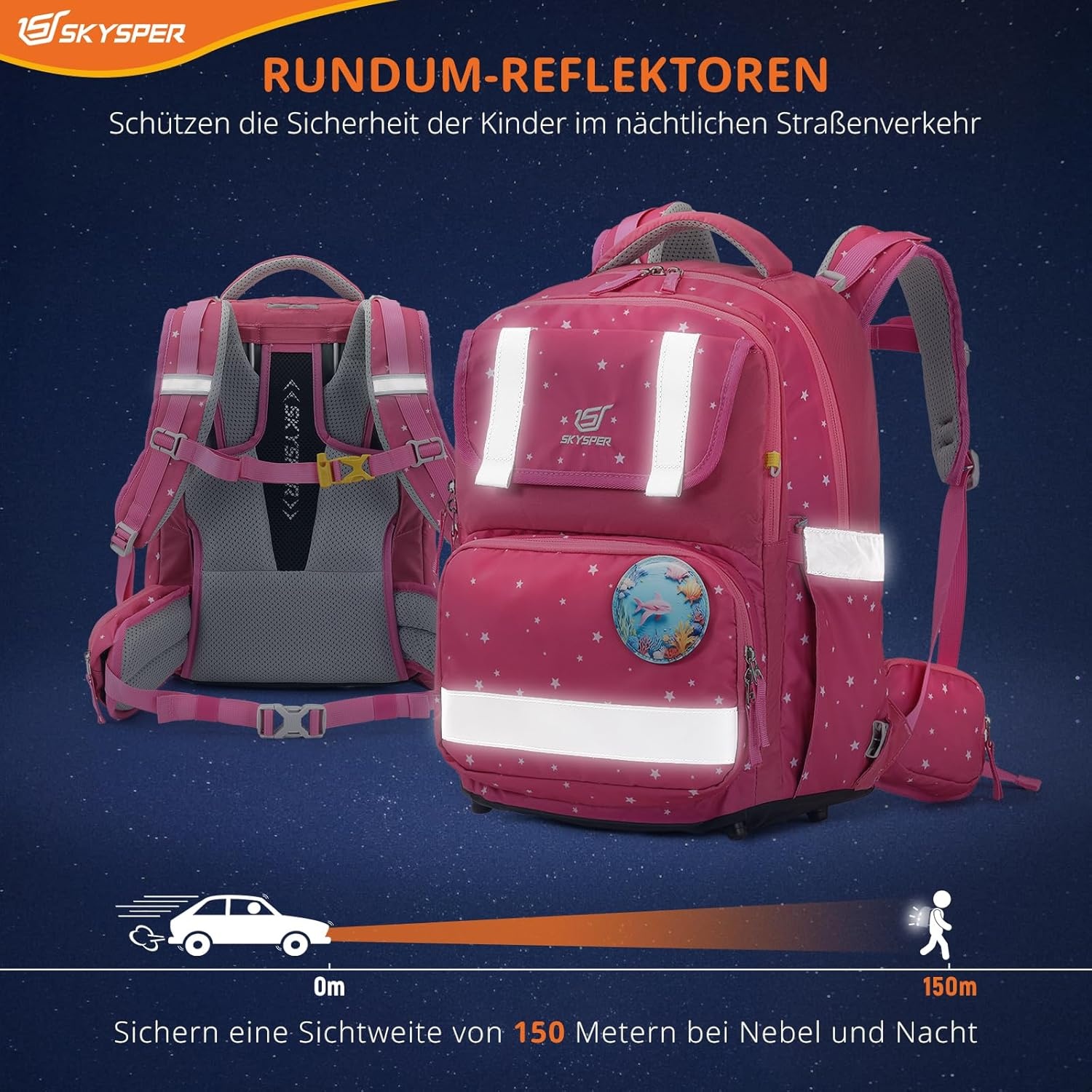 SKYSPER Schooltassenset 5-delig, schoolrugzak Ergonomisch draagsysteem 16L schooltas met 360° reflecterende strepen voor meisjes, jongens, kinderen klas 1 voor reizen, sport