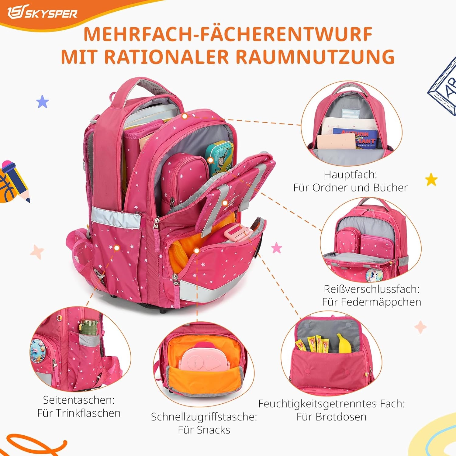 SKYSPER Schooltassenset 5-delig, schoolrugzak Ergonomisch draagsysteem 16L schooltas met 360° reflecterende strepen voor meisjes, jongens, kinderen klas 1 voor reizen, sport