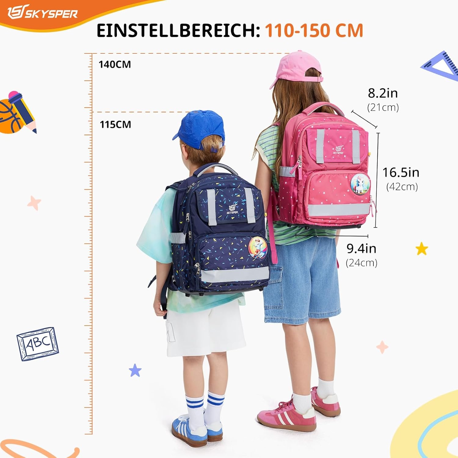 SKYSPER Schooltassenset 5-delig, schoolrugzak Ergonomisch draagsysteem 16L schooltas met 360° reflecterende strepen voor meisjes, jongens, kinderen klas 1 voor reizen, sport
