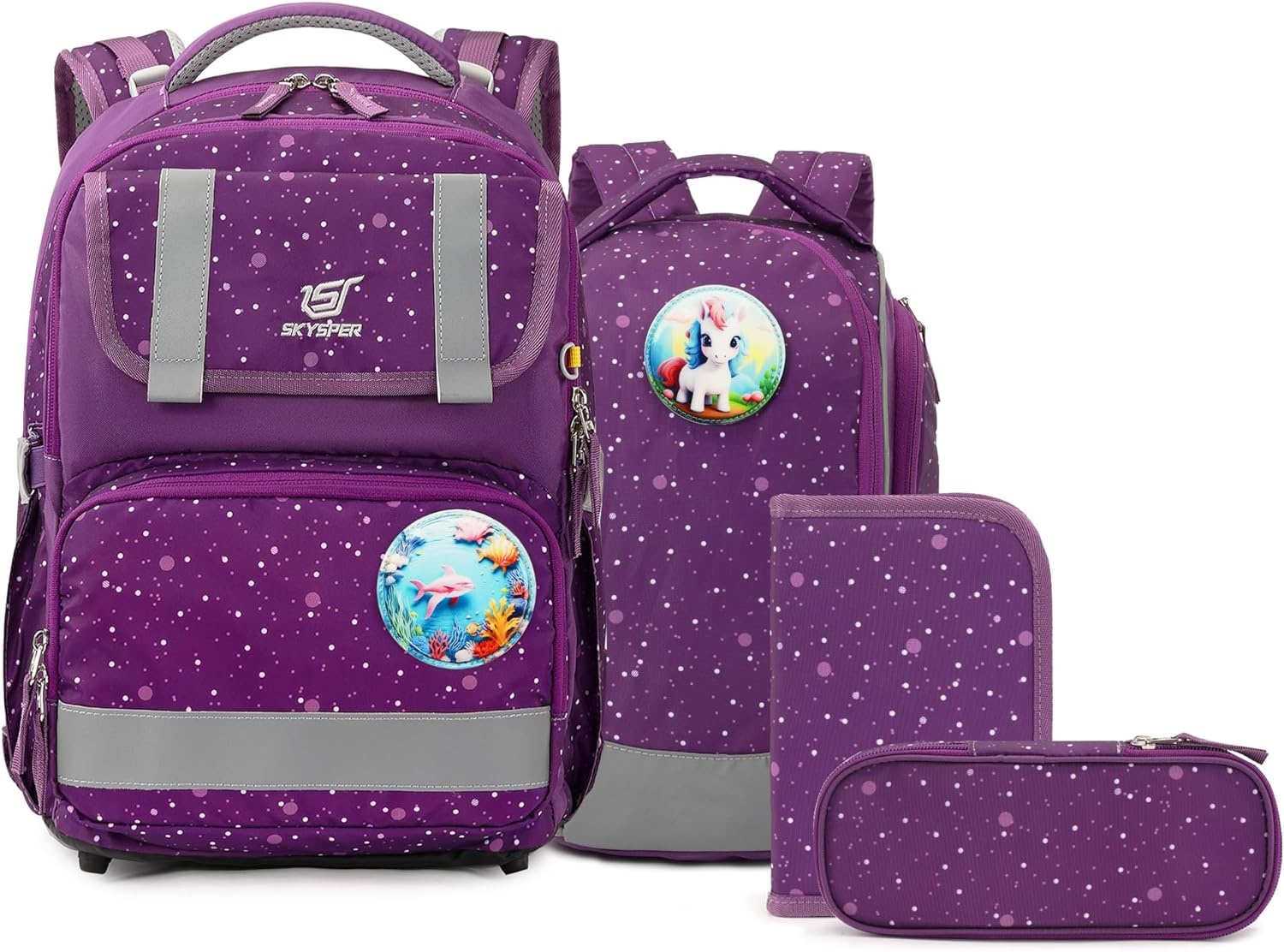 SKYSPER Schooltassenset 5-delig, schoolrugzak Ergonomisch draagsysteem 16L schooltas met 360° reflecterende strepen voor meisjes, jongens, kinderen klas 1 voor reizen, sport