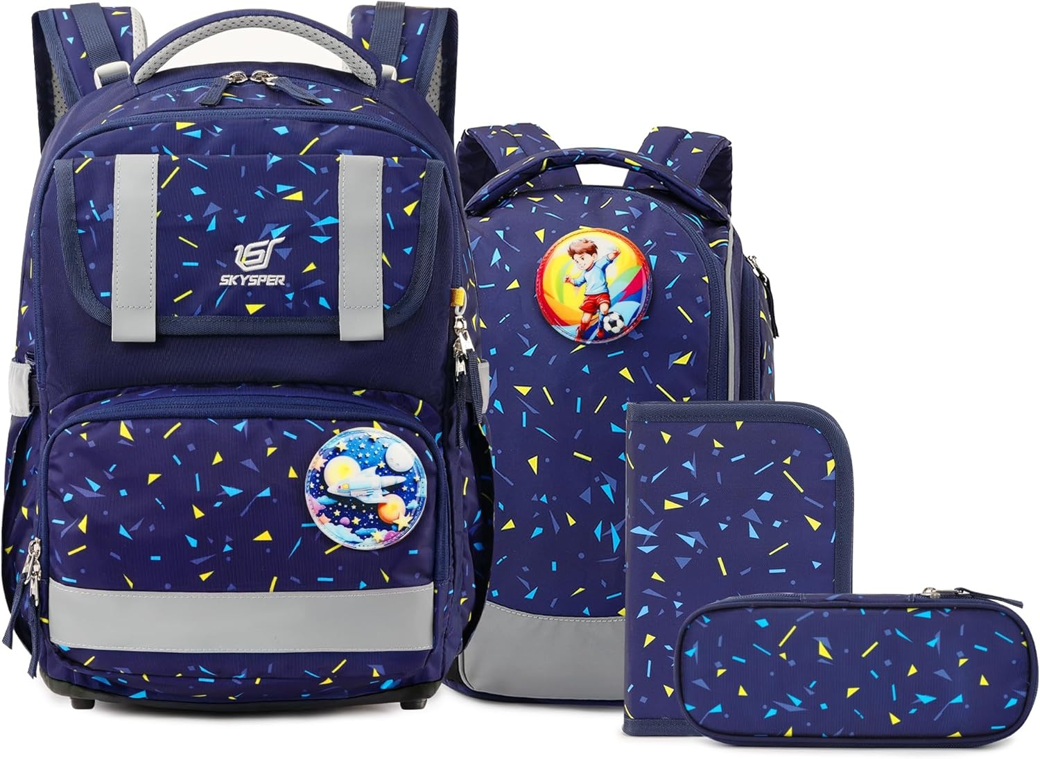 SKYSPER Schooltassenset 5-delig, schoolrugzak Ergonomisch draagsysteem 16L schooltas met 360° reflecterende strepen voor meisjes, jongens, kinderen klas 1 voor reizen, sport