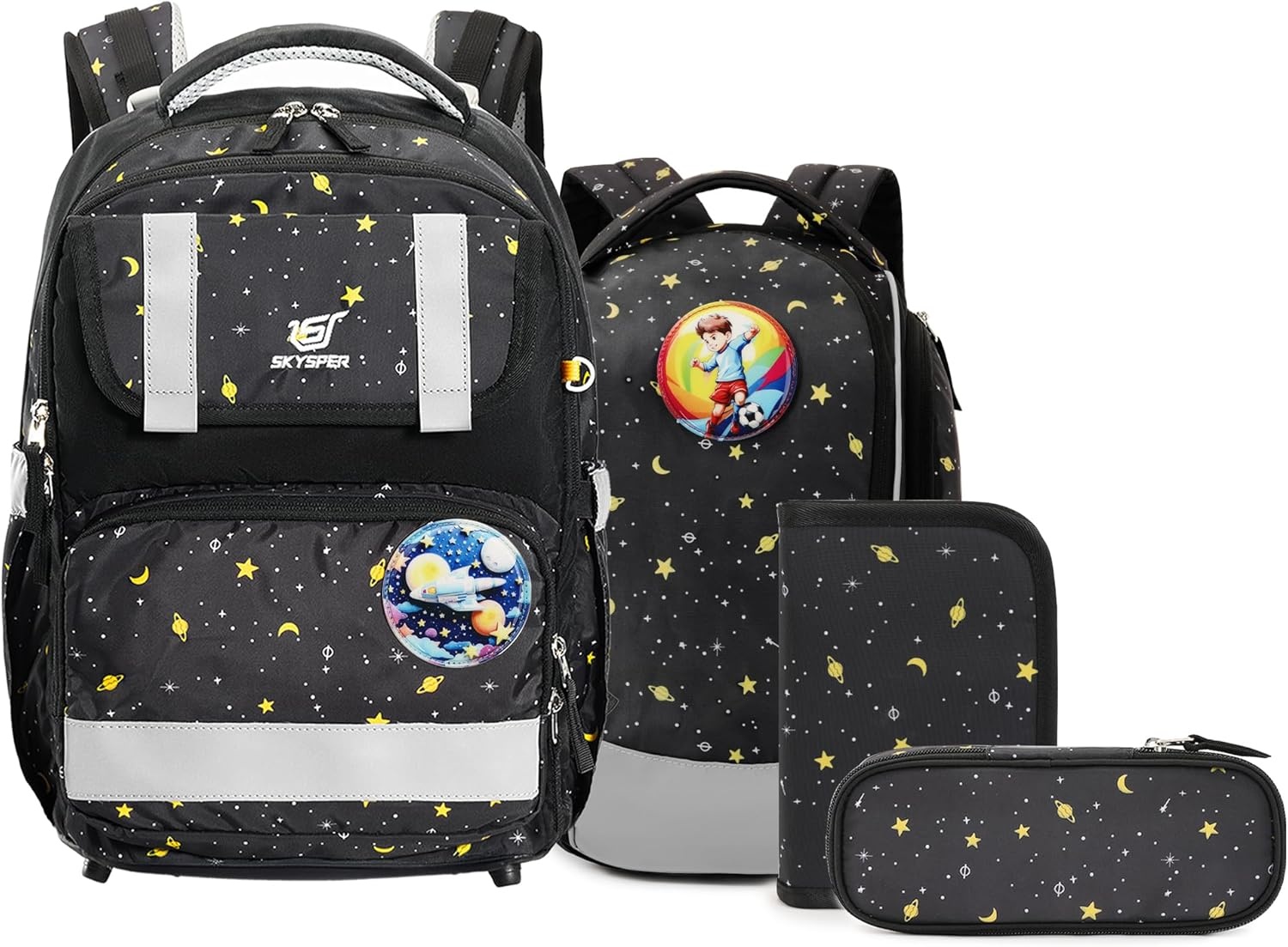 SKYSPER Schooltassenset 5-delig, schoolrugzak Ergonomisch draagsysteem 16L schooltas met 360° reflecterende strepen voor meisjes, jongens, kinderen klas 1 voor reizen, sport