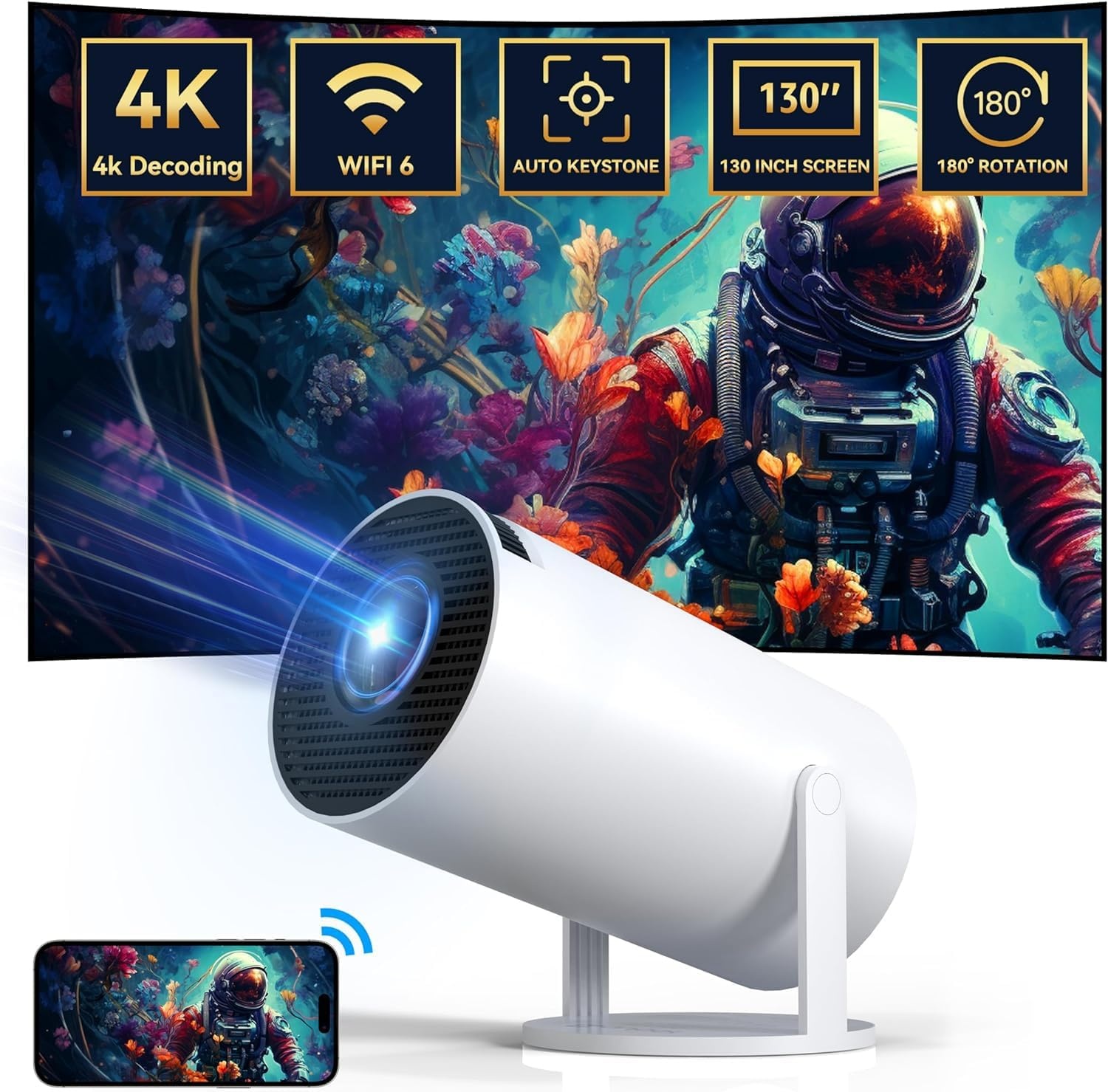 Mini Beamer Projector Home Cinema | 720P Native 1080P/4K | 130 inch Scherm | 180° Rotatie | Auto Keystone & Autofocus | Voor PC Laptop Smartphone