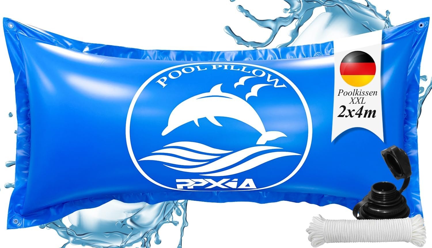 Zwembadkussen, winter, 2 m x 4 m, XXL luchtkussen, zwembad, winterkussen met dubbele naad, veiligheidsventiel, 15 m touw, 0,4 mm dik pvc, tot -25 °C, luchtkussen voor zwembadafdekkingen