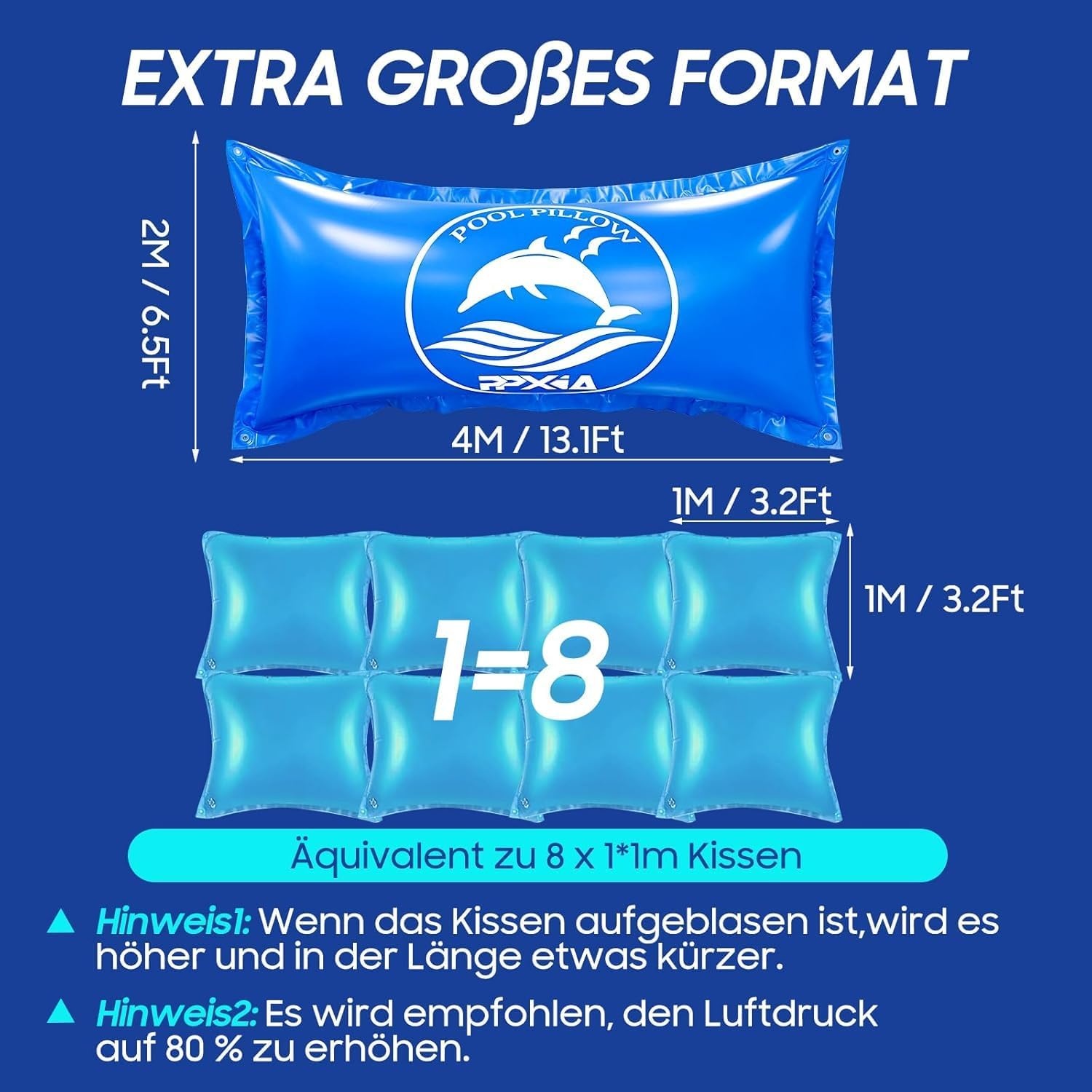 Zwembadkussen, winter, 2 m x 4 m, XXL luchtkussen, zwembad, winterkussen met dubbele naad, veiligheidsventiel, 15 m touw, 0,4 mm dik pvc, tot -25 °C, luchtkussen voor zwembadafdekkingen