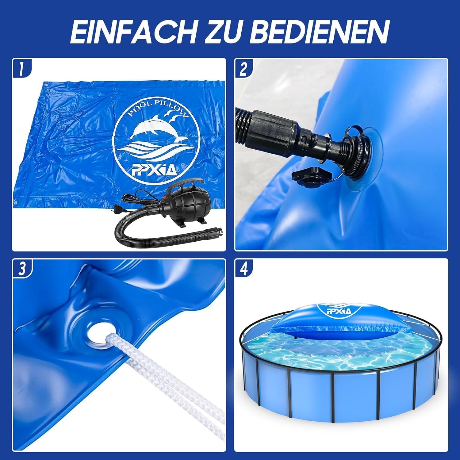 Zwembadkussen, winter, 2 m x 4 m, XXL luchtkussen, zwembad, winterkussen met dubbele naad, veiligheidsventiel, 15 m touw, 0,4 mm dik pvc, tot -25 °C, luchtkussen voor zwembadafdekkingen