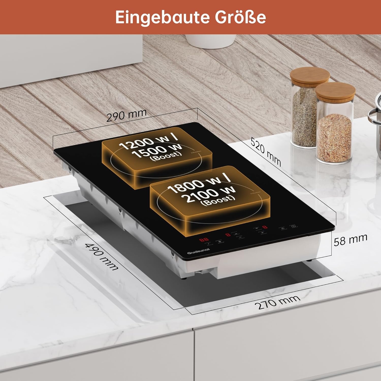 Inductiekookplaat, 2 kookplaten, inbouwkookplaat, 3600 W, continue verwarming, booster, 9 standen, timer 1-99 min, automatische uitschakeling, kindervergrendeling, pansensor, matzwart