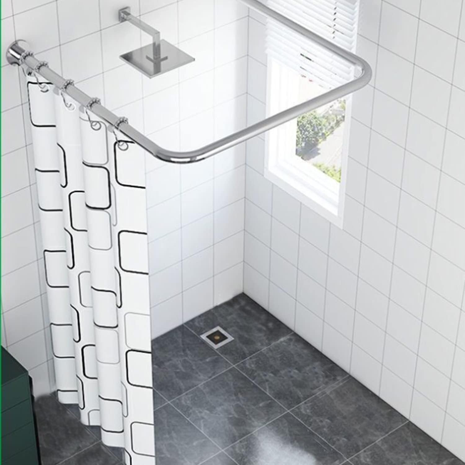uyoyous Douchegordijnstang, U-vorm, hoek, douchegordijnstangen, roestvrij staal, verstelbare douchestang, zonder boren, badkuipril, rekbaar, voor badkamer, 85-120 cm