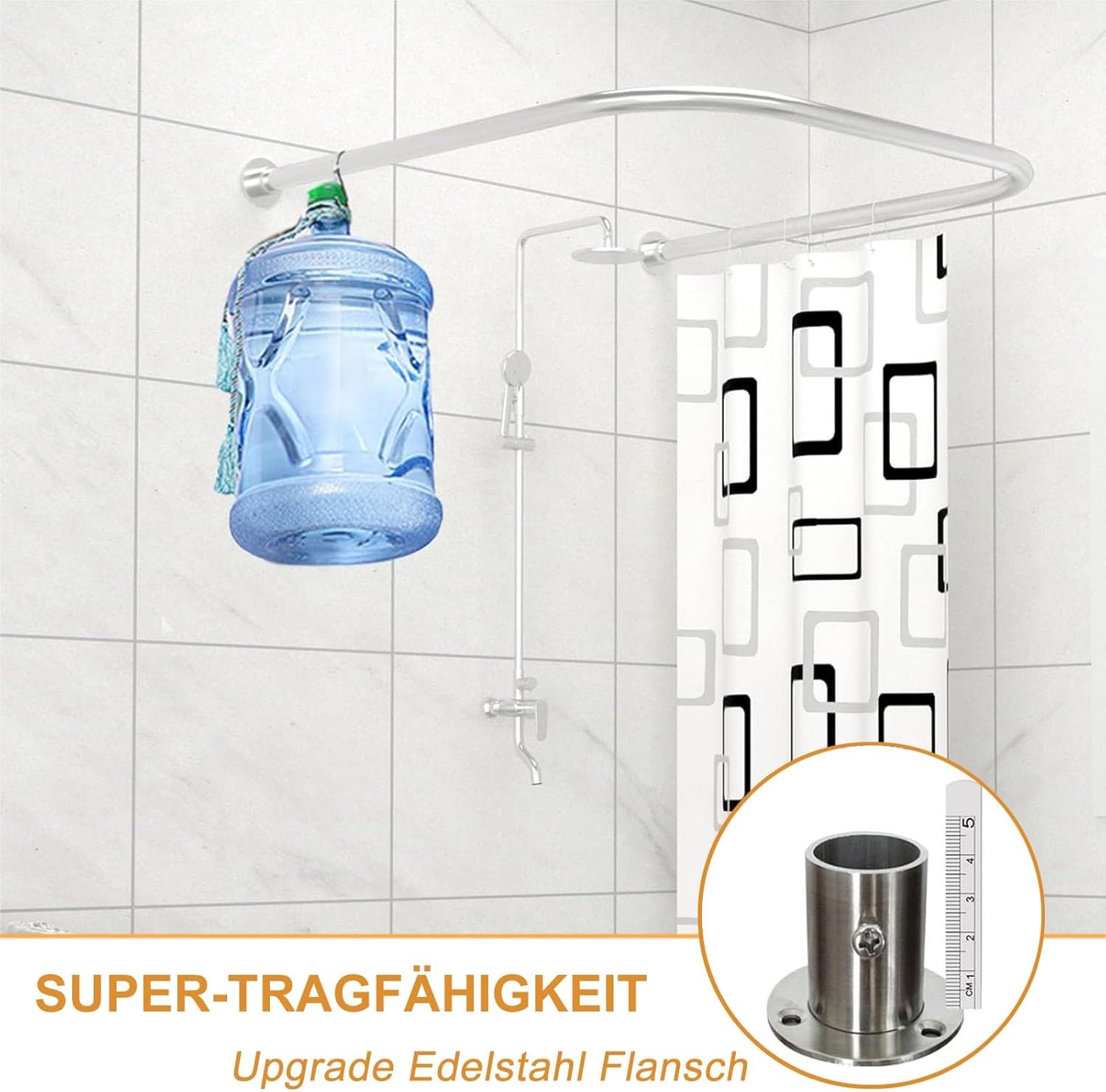 uyoyous Douchegordijnstang, U-vorm, hoek, douchegordijnstangen, roestvrij staal, verstelbare douchestang, zonder boren, badkuipril, rekbaar, voor badkamer, 85-120 cm