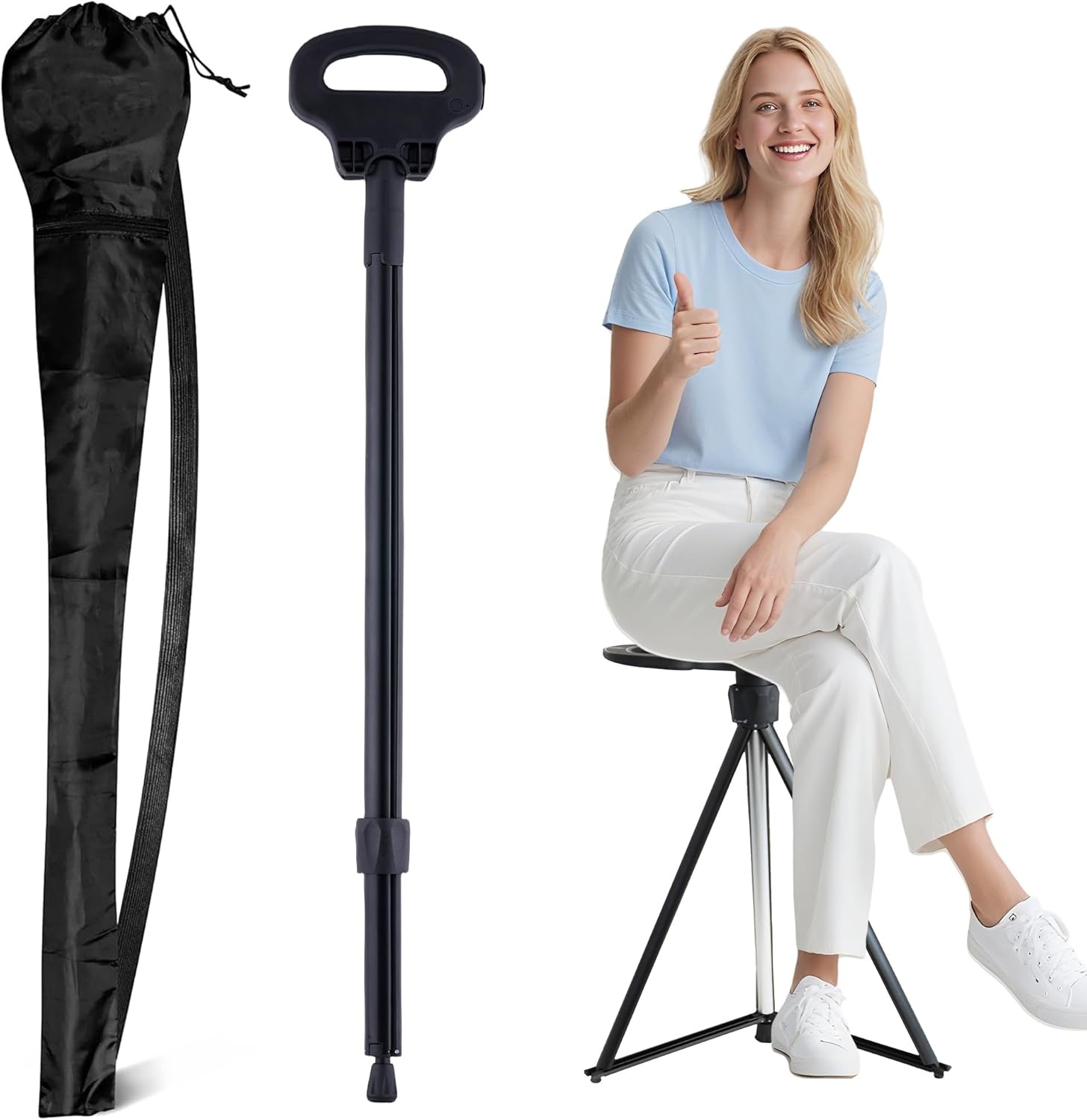 ALEVMOOM Wandelstok met stoel opvouwbare lichtgewicht, 2-in-1 wandelstok voor volwassenen, aluminium wandelstok met stoel, draagbare kruk voor senioren-zwart 34"/0,8 kg