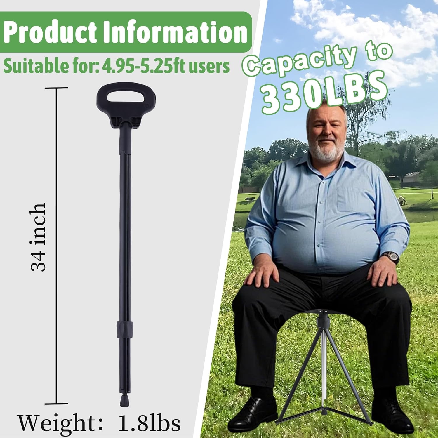 ALEVMOOM Wandelstok met stoel opvouwbare lichtgewicht, 2-in-1 wandelstok voor volwassenen, aluminium wandelstok met stoel, draagbare kruk voor senioren-zwart 34"/0,8 kg
