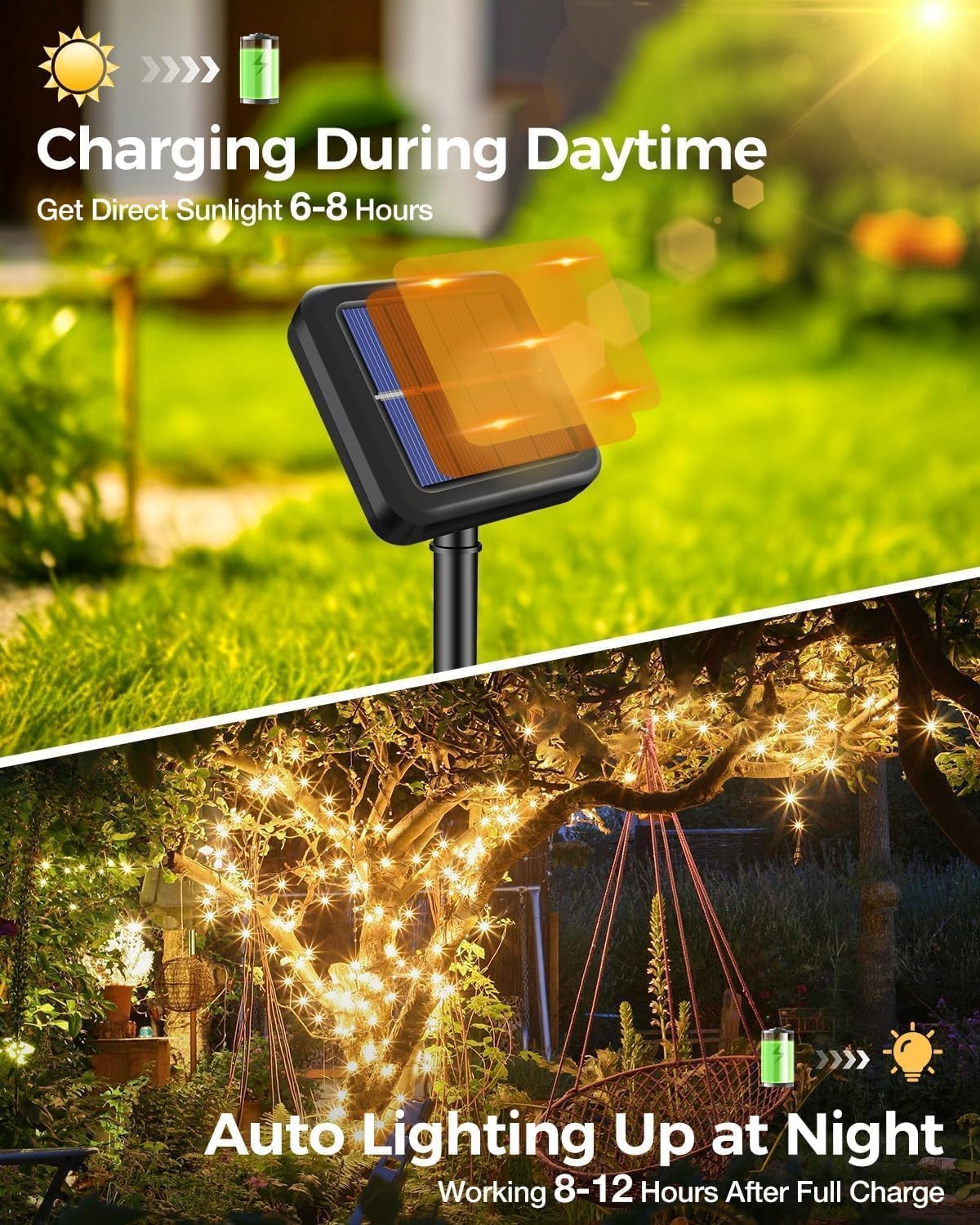 Lichtsnoer op zonne-energie, voor buiten, 22 + 2 m, 220 leds, lichtketting voor buiten, weerbestendig, 8 modi, warmwit, voor tuin, balkon, terras, feest, bruiloft, Kerstmis