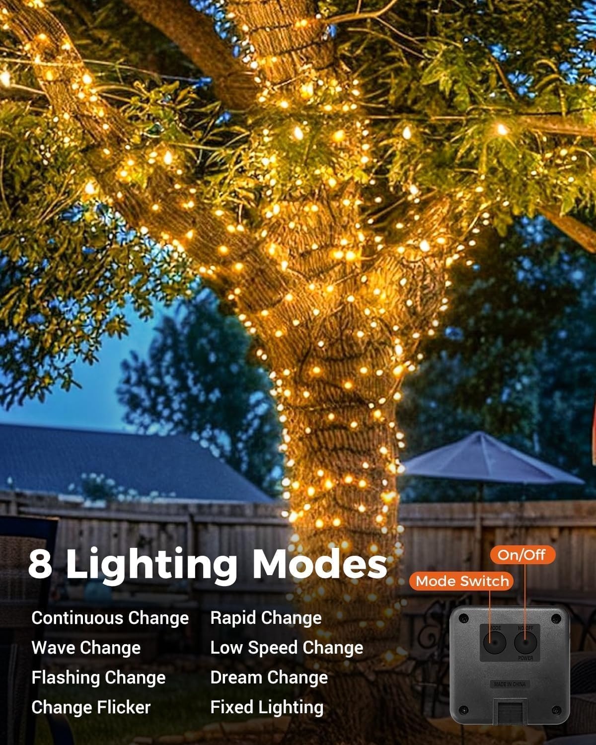 Lichtsnoer op zonne-energie, voor buiten, 22 + 2 m, 220 leds, lichtketting voor buiten, weerbestendig, 8 modi, warmwit, voor tuin, balkon, terras, feest, bruiloft, Kerstmis