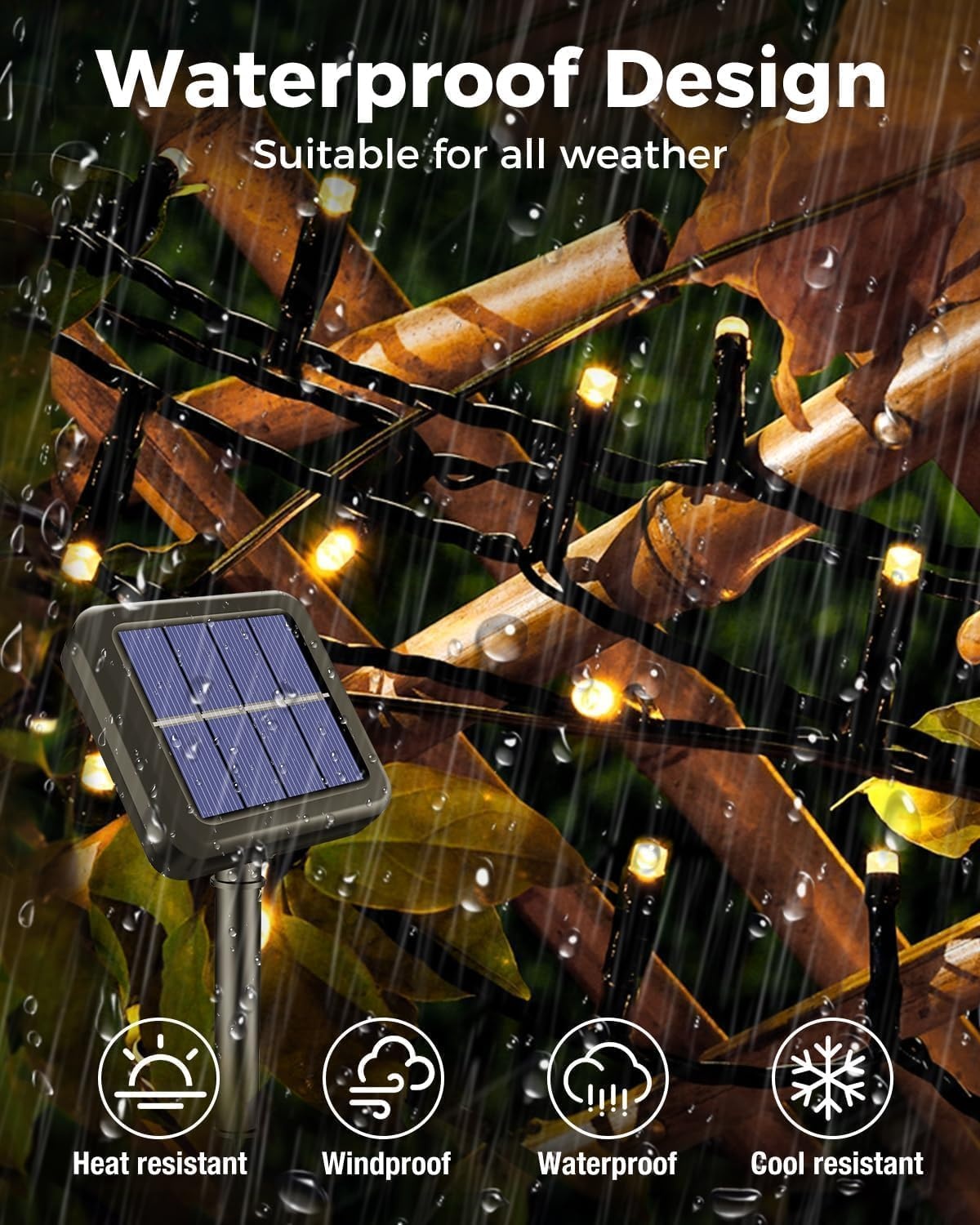 Lichtsnoer op zonne-energie, voor buiten, 22 + 2 m, 220 leds, lichtketting voor buiten, weerbestendig, 8 modi, warmwit, voor tuin, balkon, terras, feest, bruiloft, Kerstmis