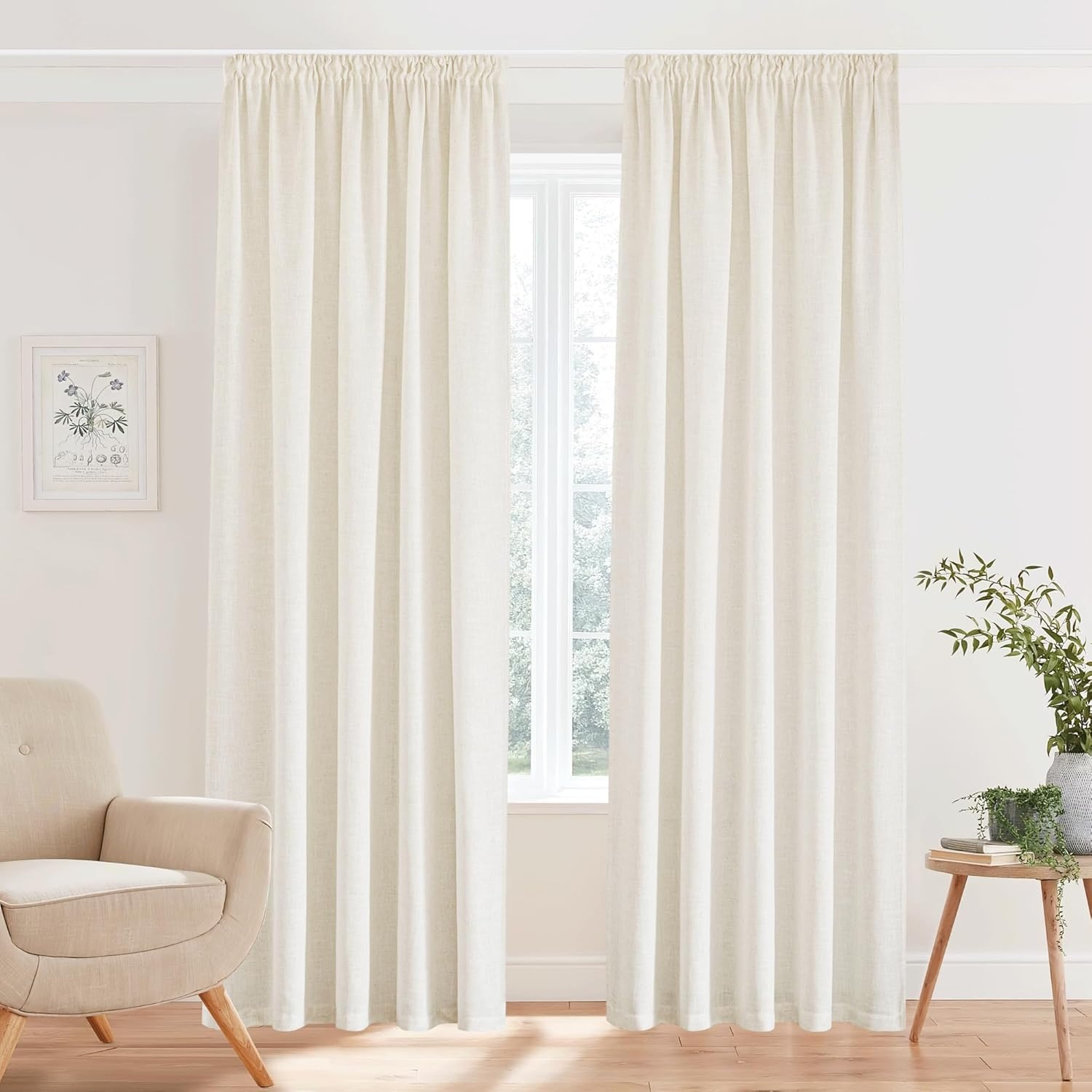 PONY DANCE Linen Look Gordijnen Creme 280x140 cm - 2 stuks, Boho Stijl met Plisséstroken, Halfverduisterend