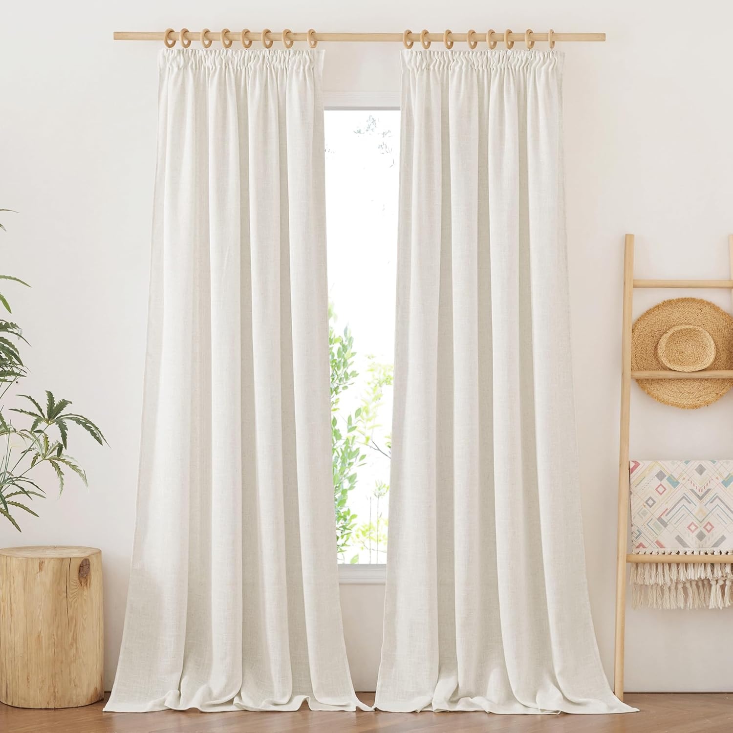 PONY DANCE Linen Look Gordijnen Creme 280x140 cm - 2 stuks, Boho Stijl met Plisséstroken, Halfverduisterend