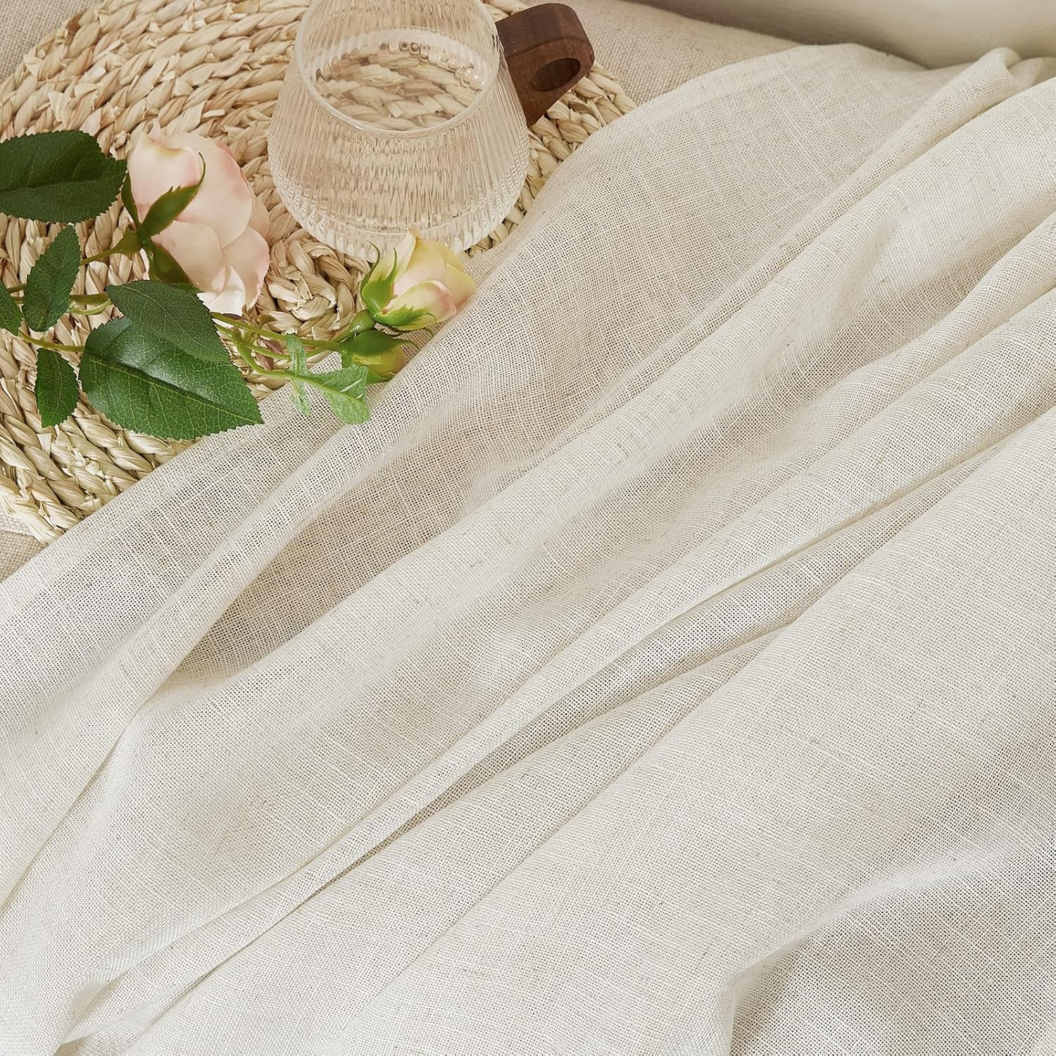 PONY DANCE Linen Look Gordijnen Creme 280x140 cm - 2 stuks, Boho Stijl met Plisséstroken, Halfverduisterend
