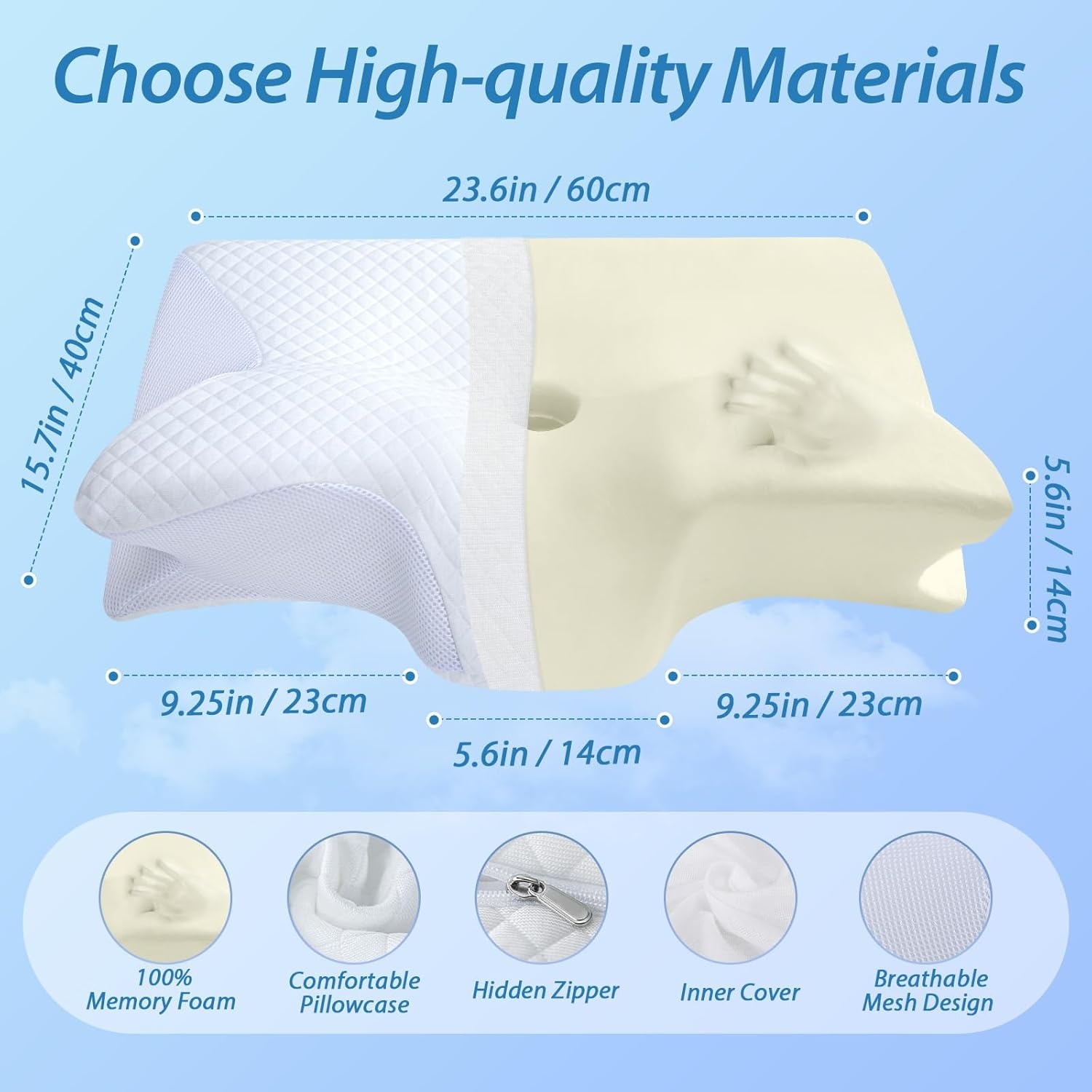 HOMCA 2-in-1 Ergonomisch Nekkussen, Memory Foam Hoofdkussen, Bedkussen voor rug-, zij- en buikslapers, met Afneembare Overtrek, 60x40x12/14cm (Wit)