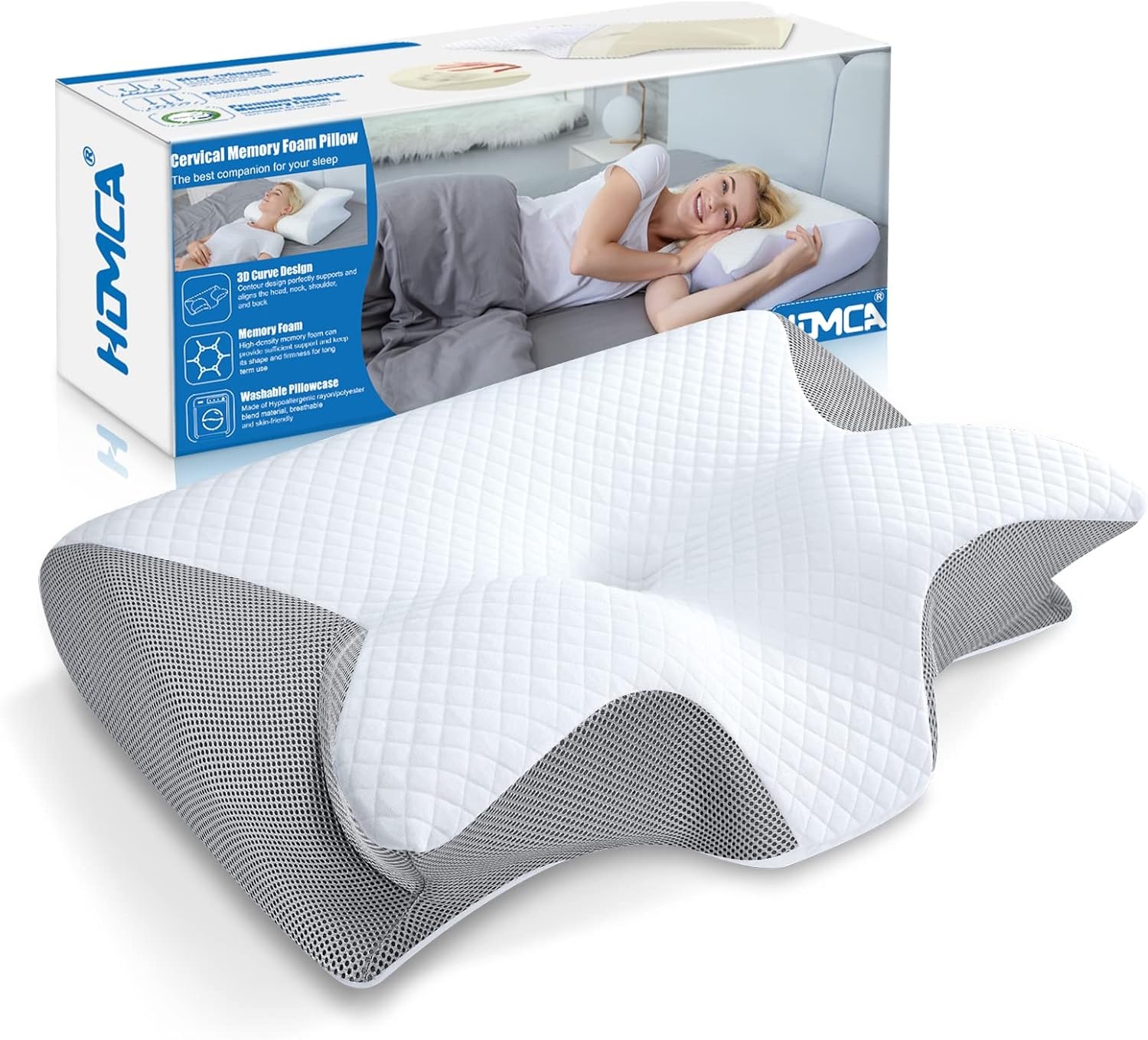 HOMCA 2-in-1 Ergonomisch Nekkussen, Memory Foam Hoofdkussen, Bedkussen voor rug-, zij- en buikslapers, met Afneembare Overtrek, 60x40x12/14cm (Wit)