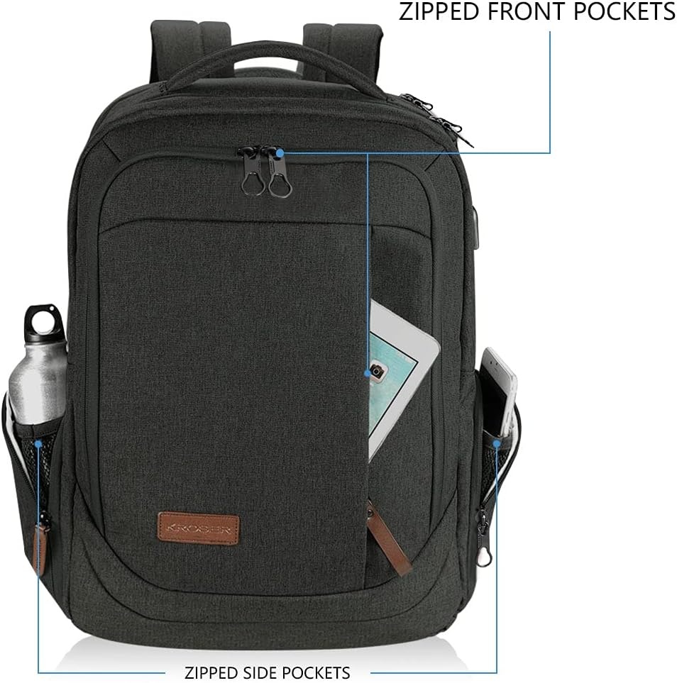 KROSER Laptop Rugzak 17,3 inch Handbagage, Waterafstotend, Multifunctioneel voor Zakelijk/Reizen, Heren/Dames - Zwart