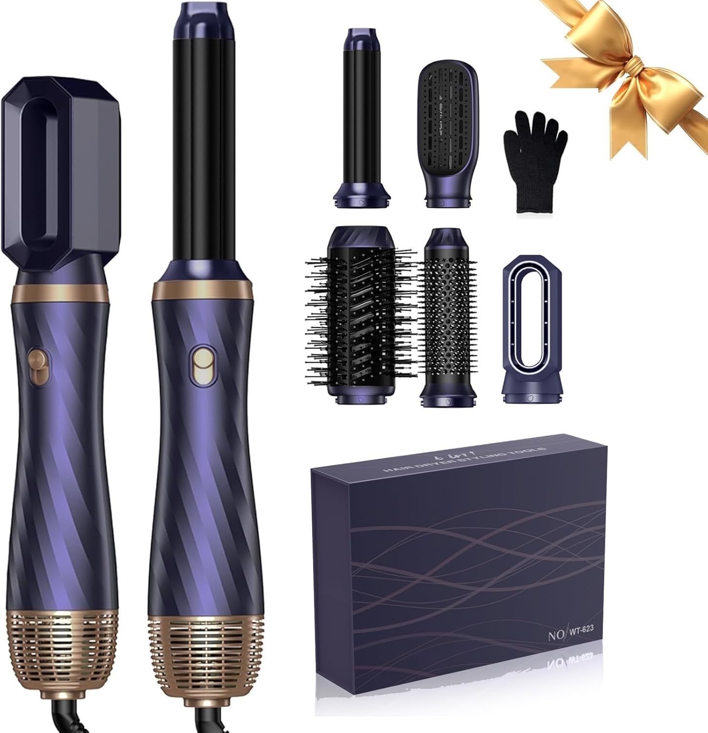 UMIGA Airstyler Set 6-in-1, haarstyler set, Air Styler met ronde borstelföhn, haarstyler, warme luchtborstel, automatische airflow-krultang, volume föhnborstel, voor gladmaken, drogen, volume en
